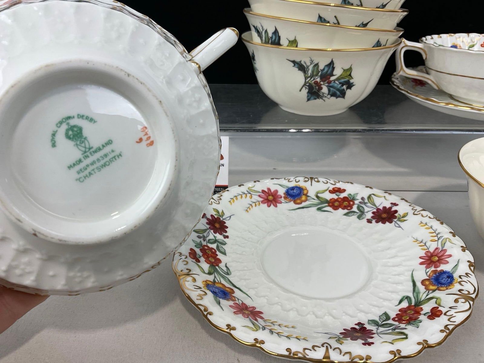 Pair of Soup Bowls w/ Saucers, Royal Crown Derby Chatsworth & 6 Lenox Bowls, Winter Greetings Pat. - 2