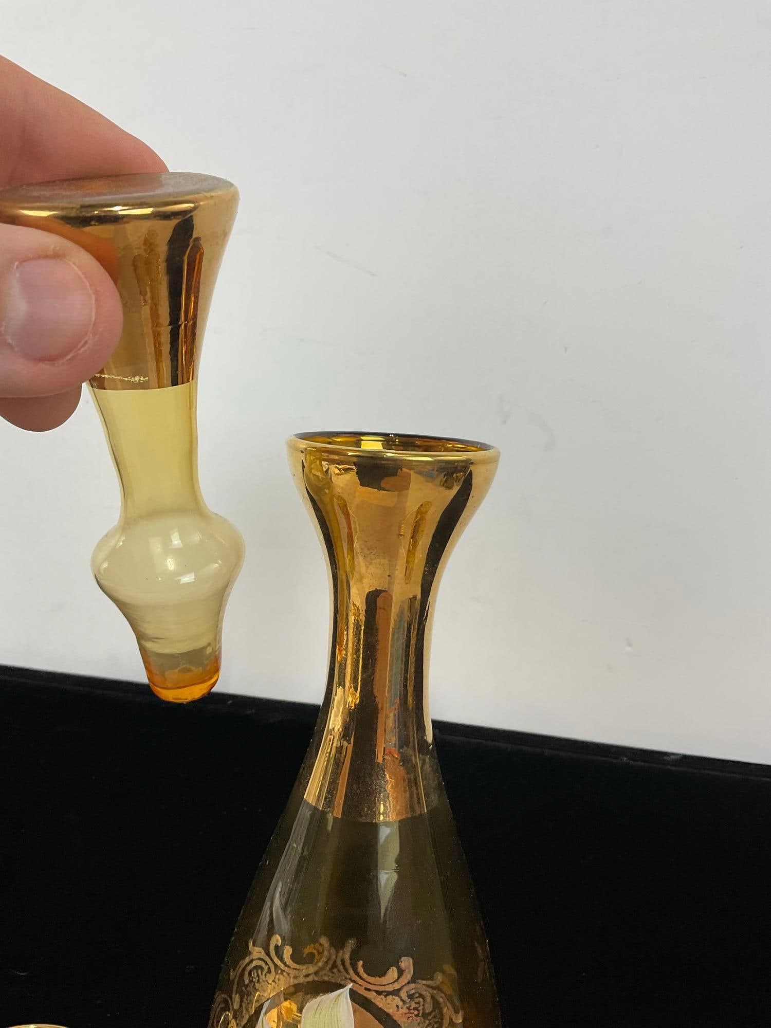 Bohemian Handpainted Decanter & 6 Shot Glasses, Floral Detail, Amber Glass w/ Gilt ornamentation - 4