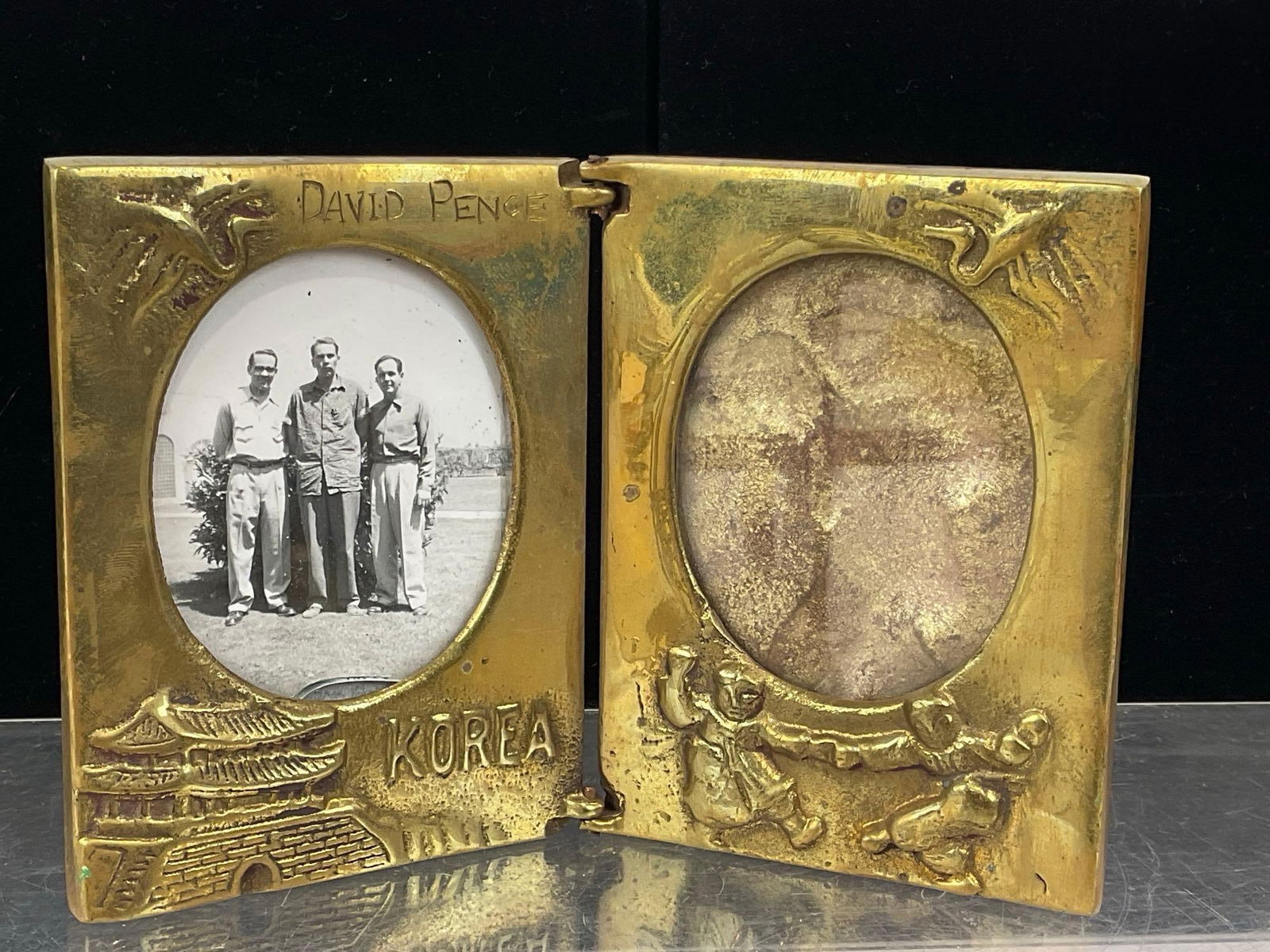 Collection of Brass, Chinese Folding & Turtle Bookend, Korean picture Frame, & Indian Bowl - 4