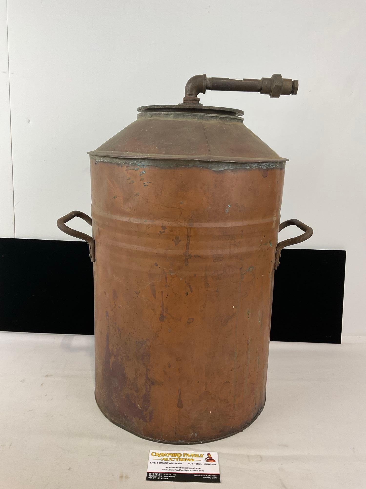 Antique Copper Boiler Water Tank, w/ handles, and welded top, pipe on top, 20h x 15w x 15d inches (1 of 7)