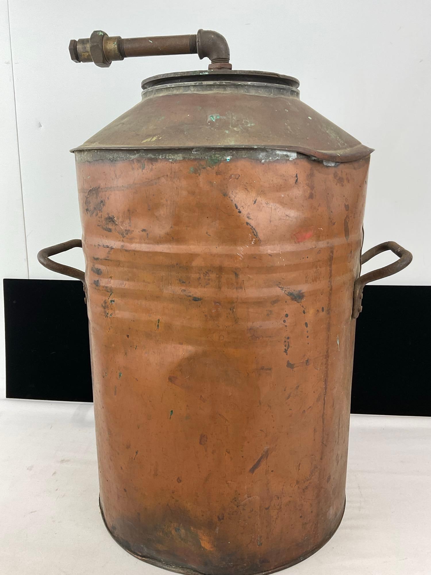 Antique Copper Boiler Water Tank, w/ handles, and welded top, pipe on top, 20h x 15w x 15d inches - 5