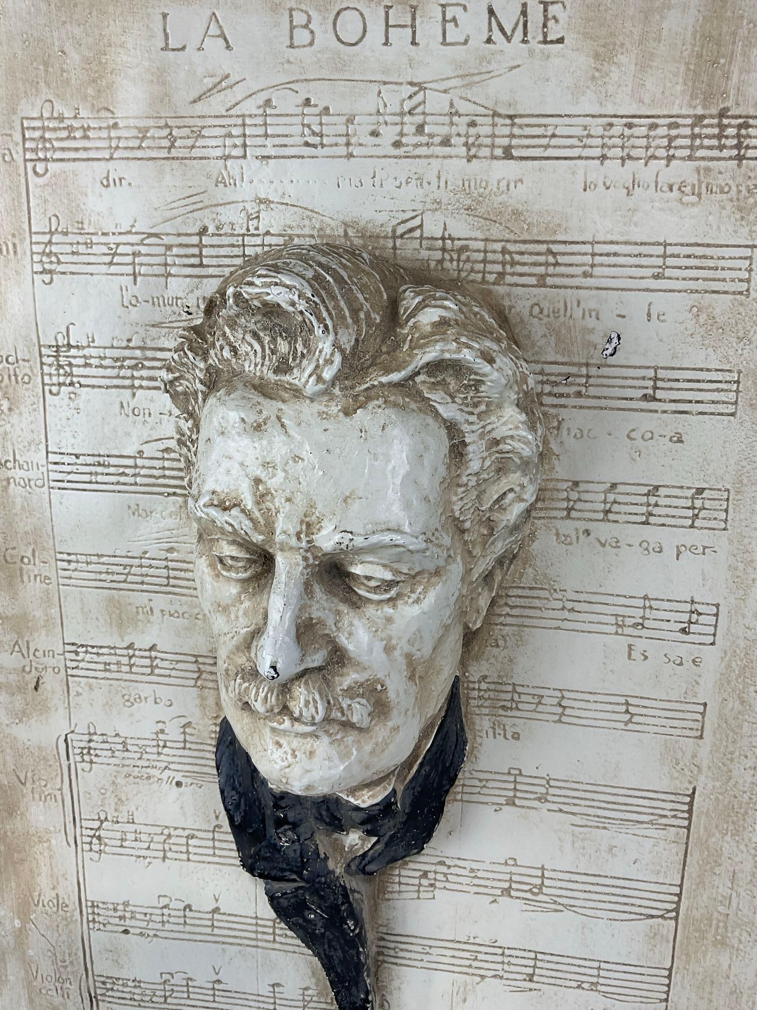 Large Plaster/Composite La Boheme Giacomo Puccini Plaque, Composers Bust on Music Page, 25x16 inc... - 2