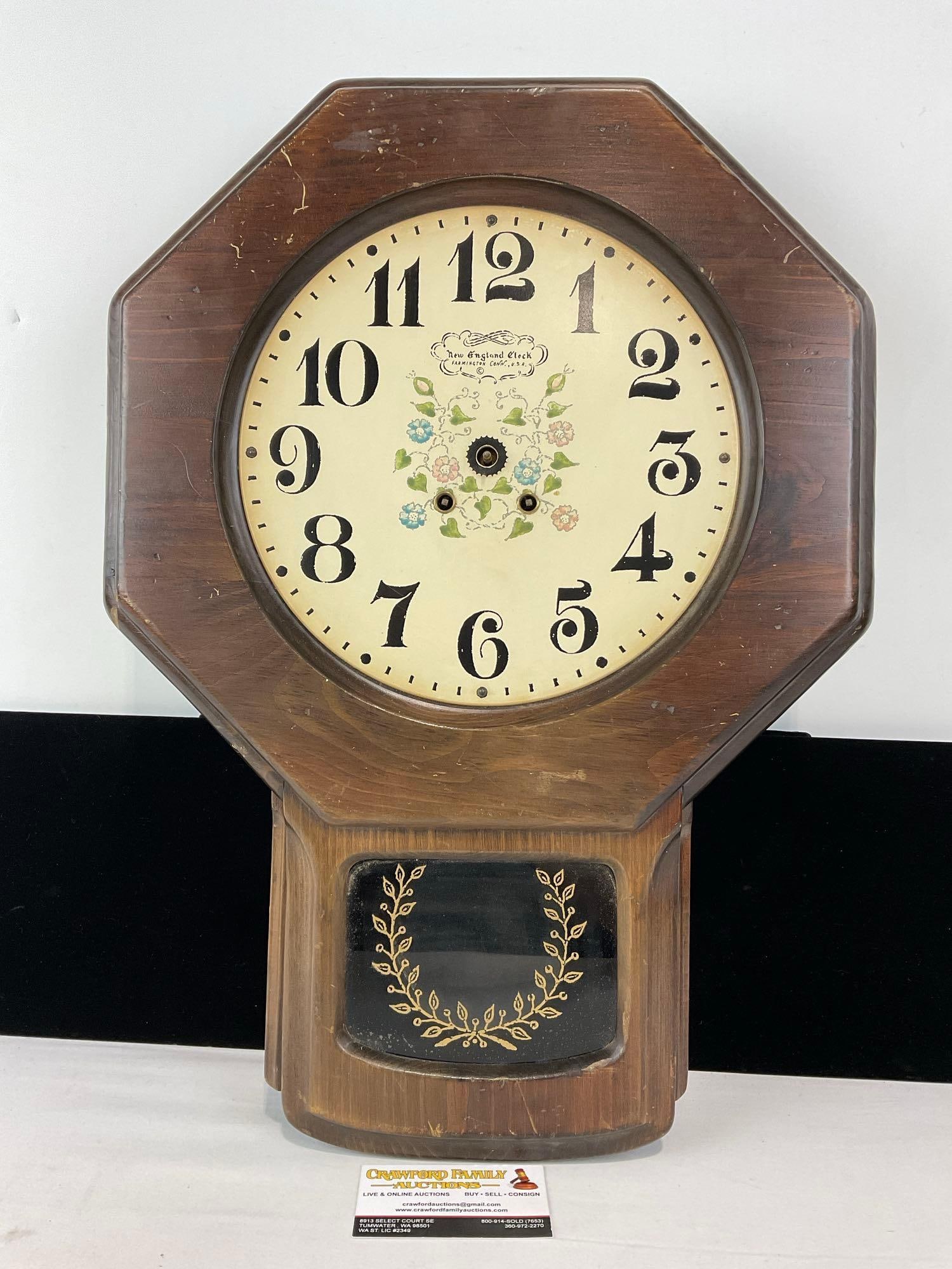 Vintage New England Clock Co Wall Clock Case & Movement only, missing parts, 22h x 16w x 5d inches (1 of 5)
