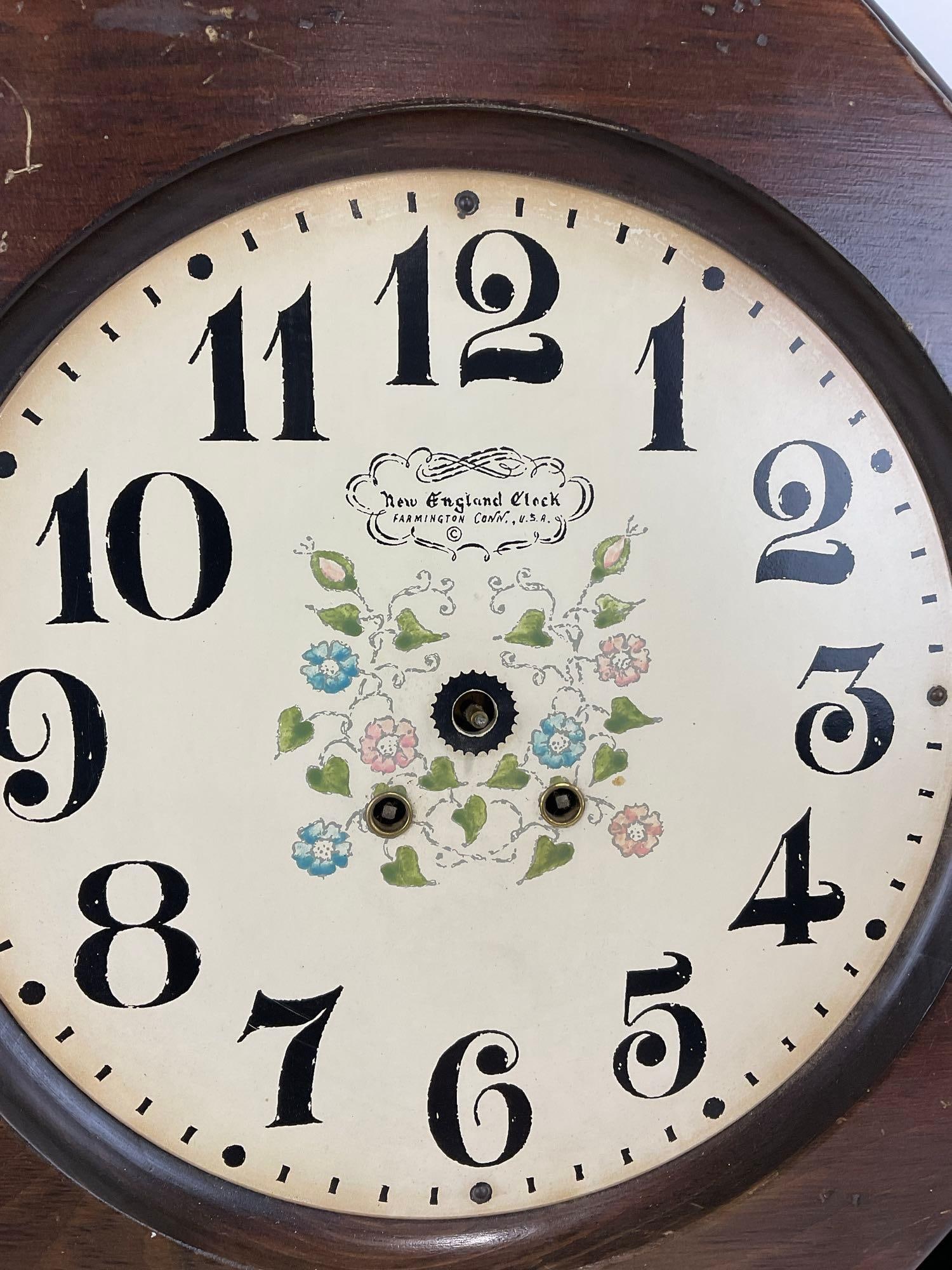 Vintage New England Clock Co Wall Clock Case & Movement only, missing parts, 22h x 16w x 5d inches - 2