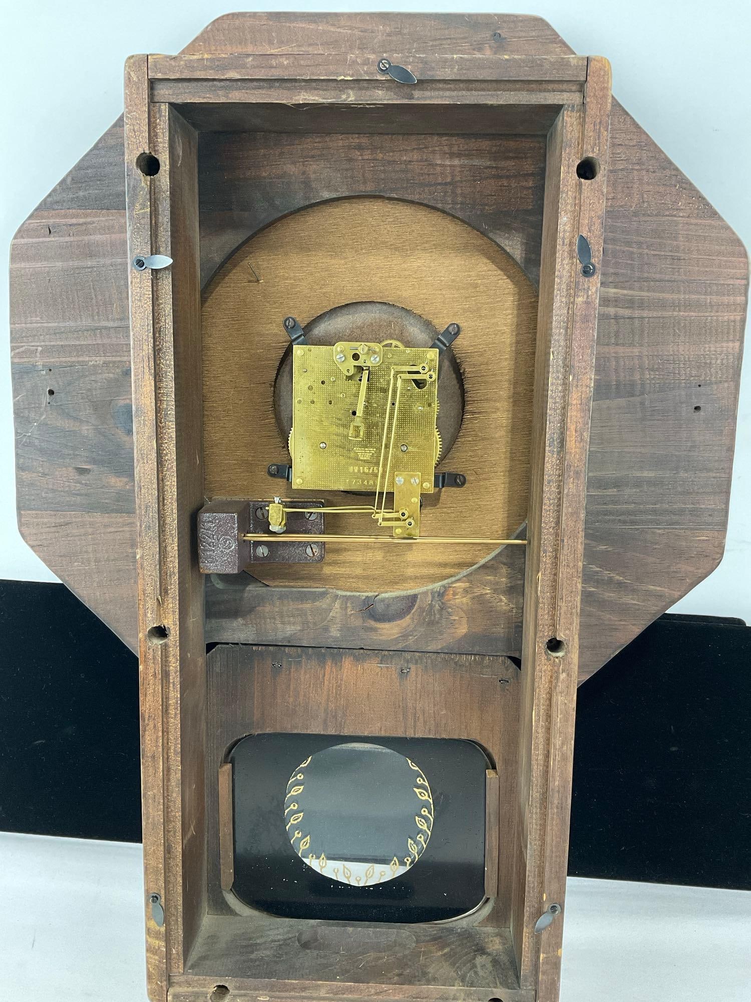 Vintage New England Clock Co Wall Clock Case & Movement only, missing parts, 22h x 16w x 5d inches - 4