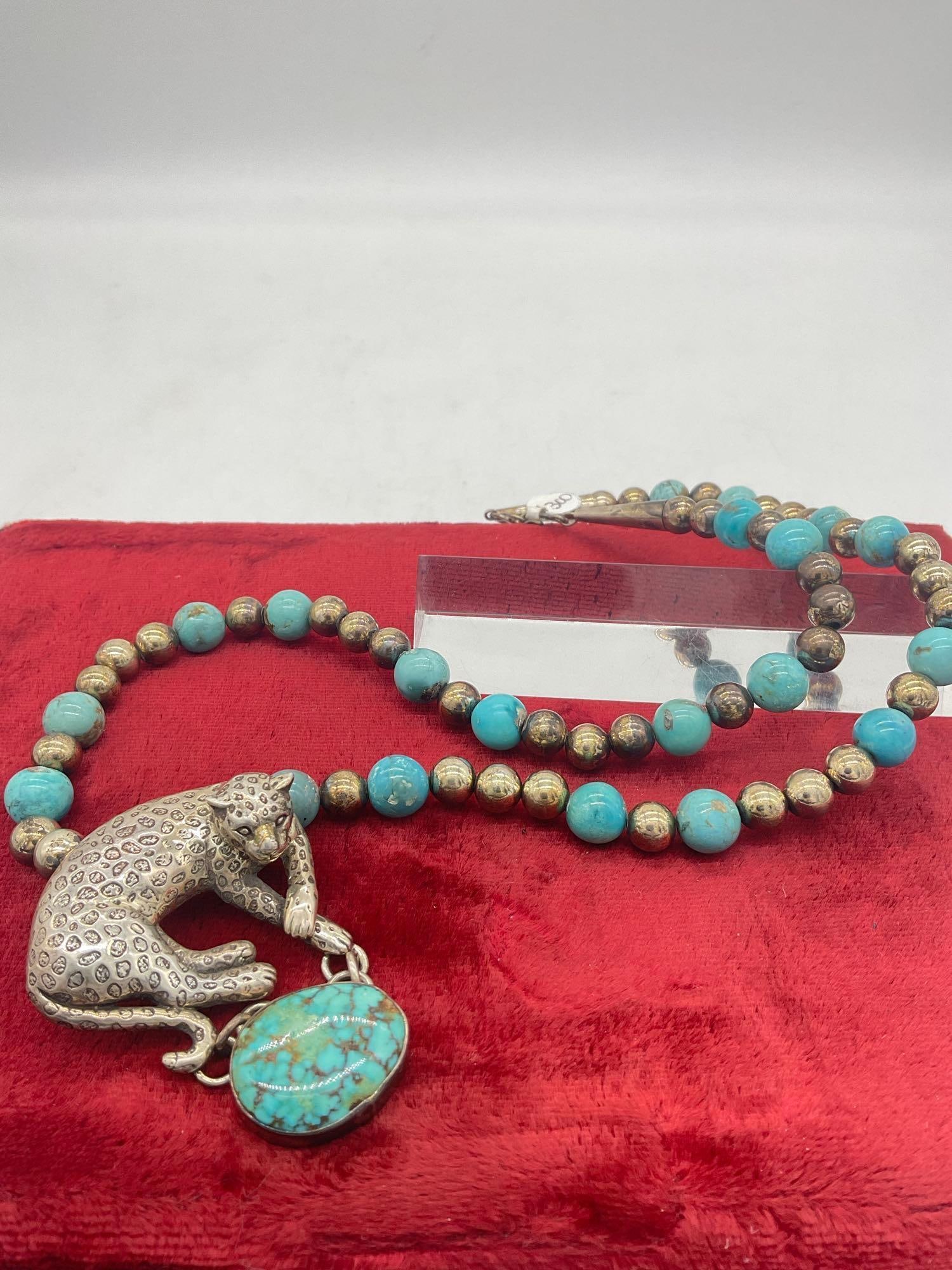 Amazing 1989 Carol Felley Sterling silver & turquoise spotted leopard pendant necklace - 2