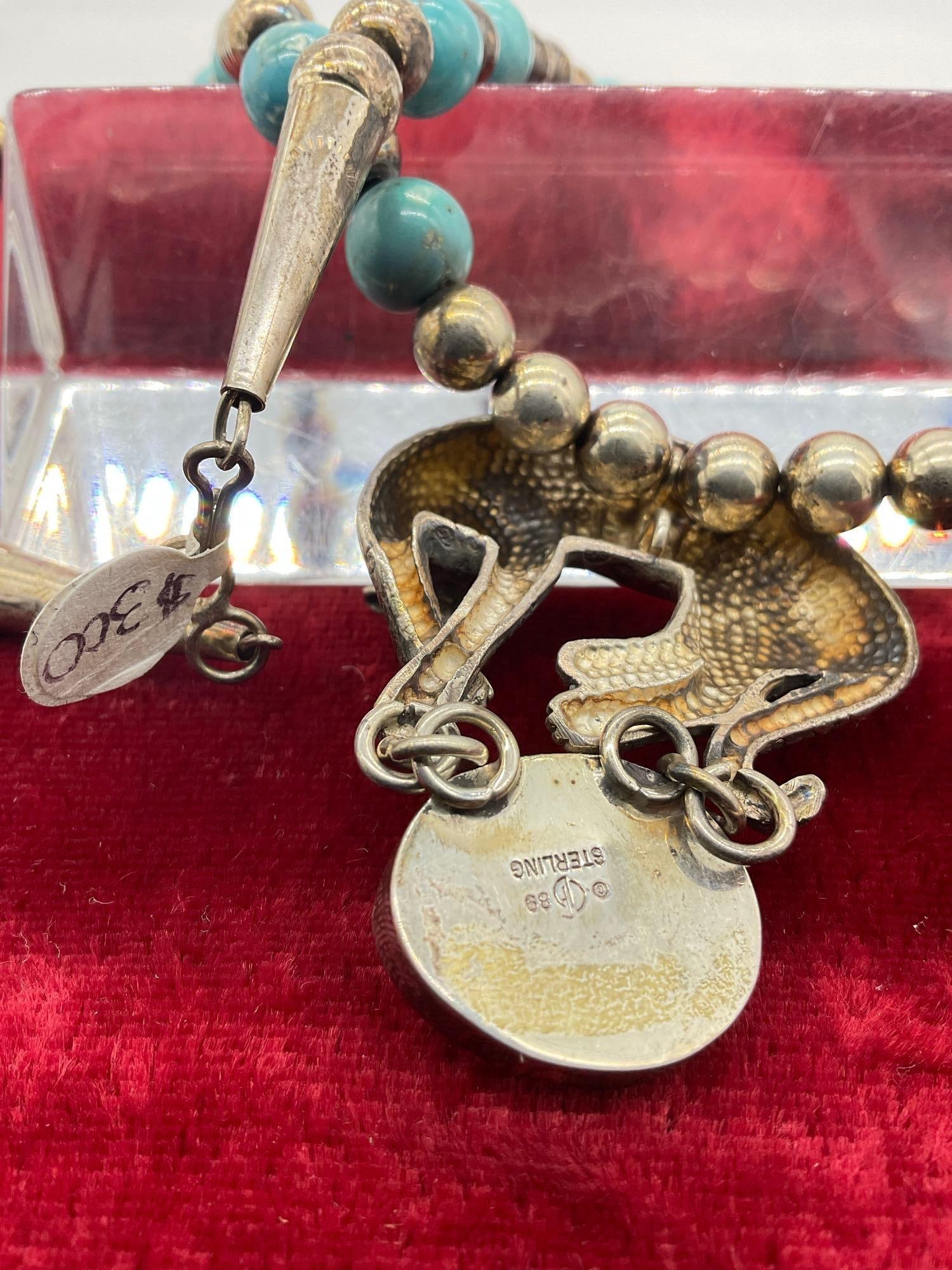 Amazing 1989 Carol Felley Sterling silver & turquoise spotted leopard pendant necklace - 6