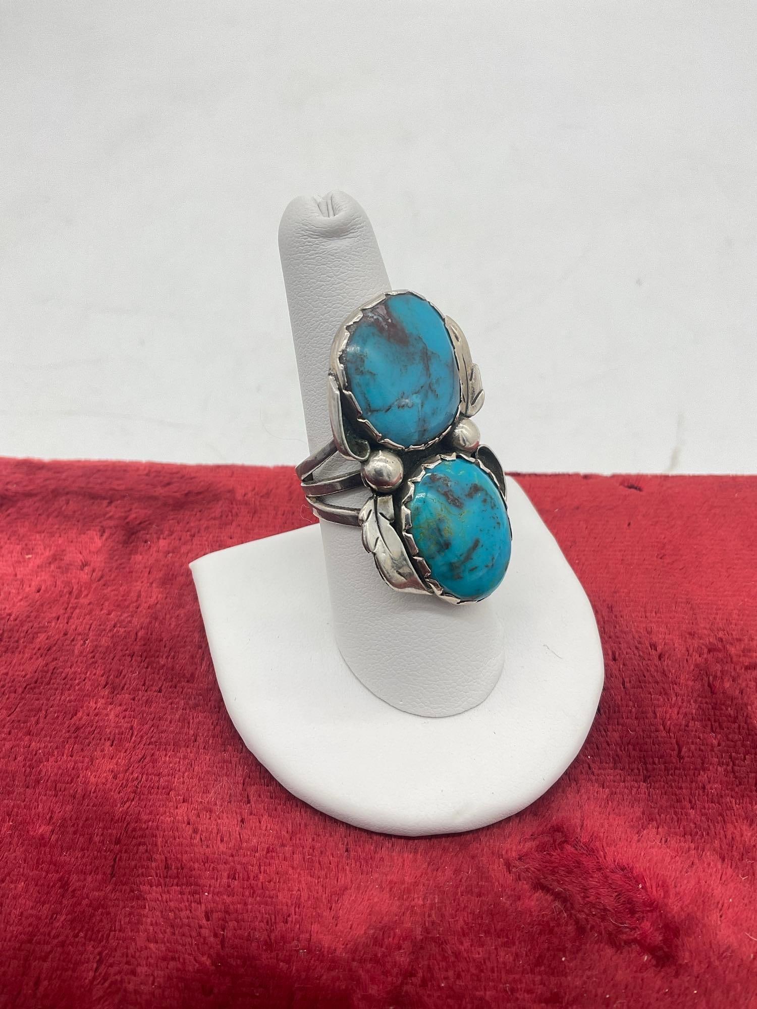 Vintage sterling silver Native American Ring w/ dual turquoise setting signed BLACK STAR - 3
