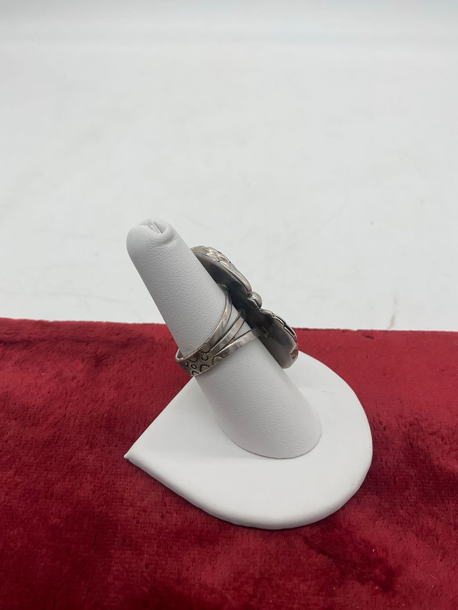 Vintage sterling silver Native American Ring w/ dual turquoise setting signed BLACK STAR - 4