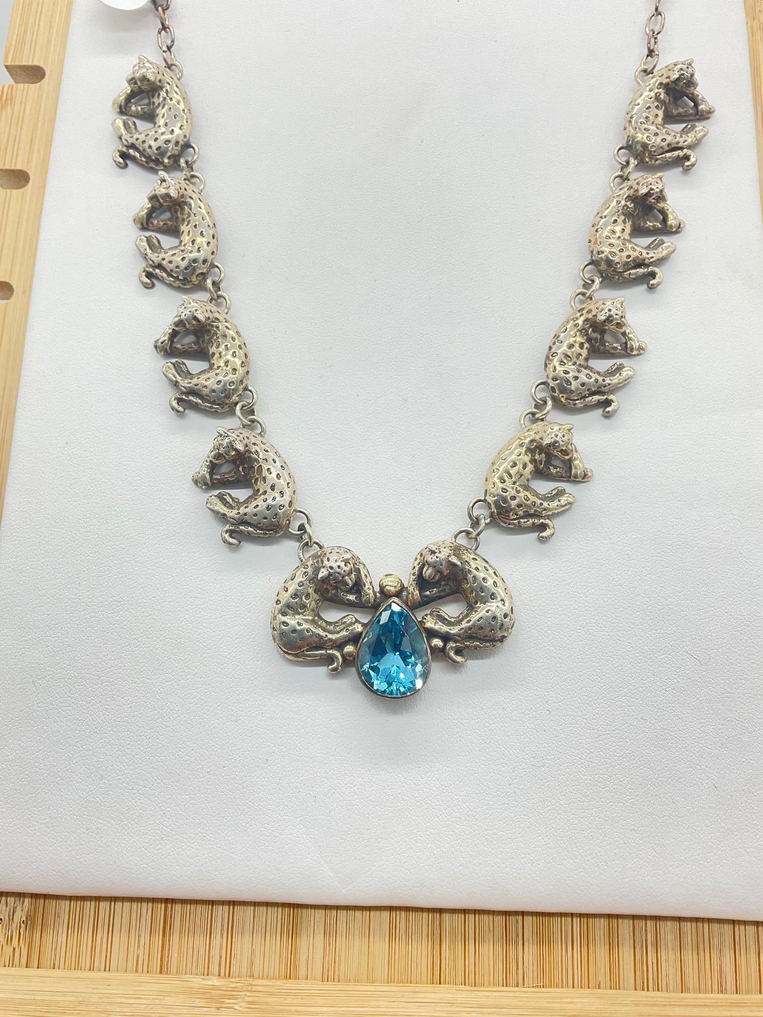 1990 Sterling silver Carol Felley statement necklace w/ spotted leopard's and blue topaz - 2