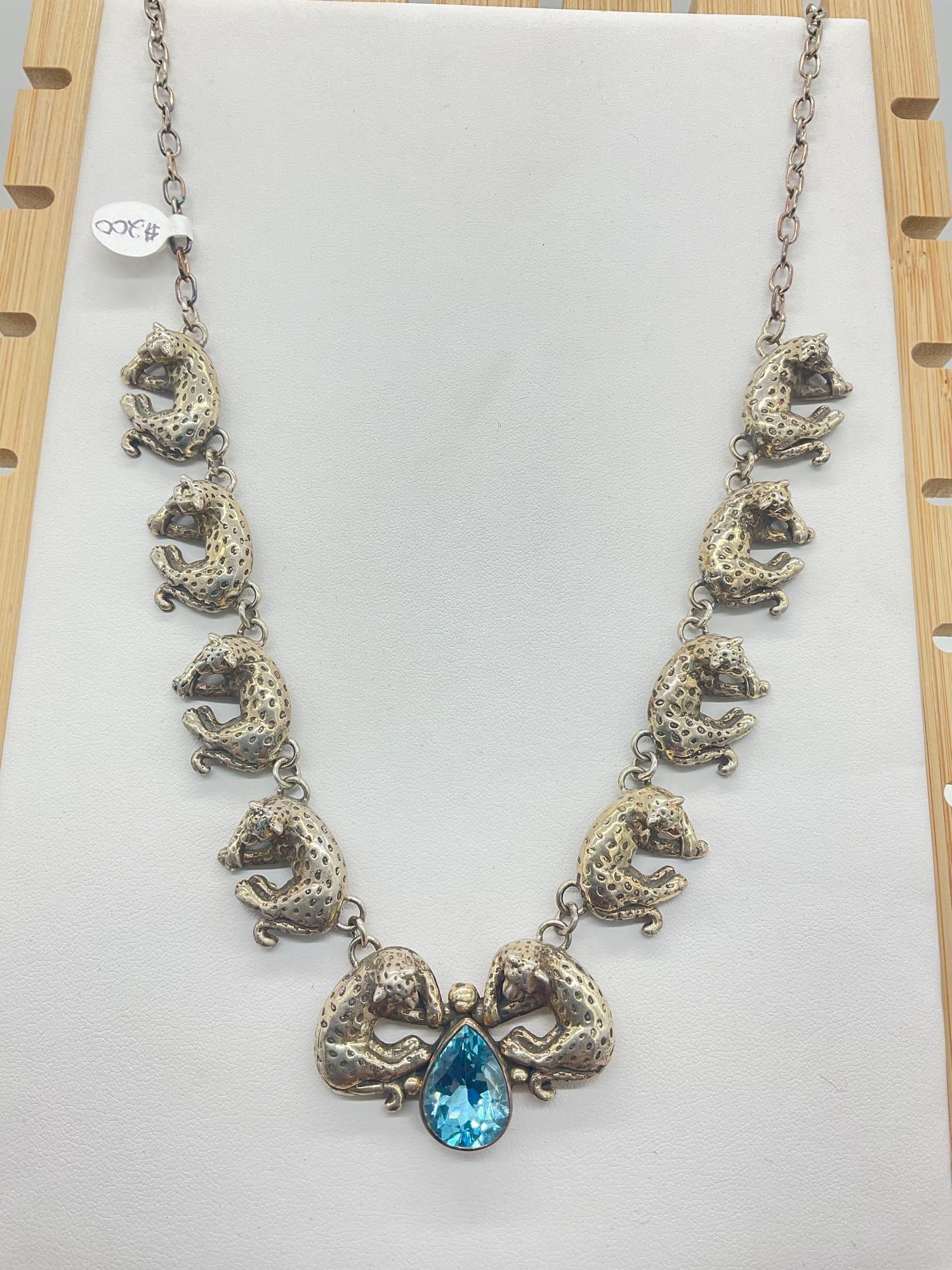1990 Sterling silver Carol Felley statement necklace w/ spotted leopard's and blue topaz - 3