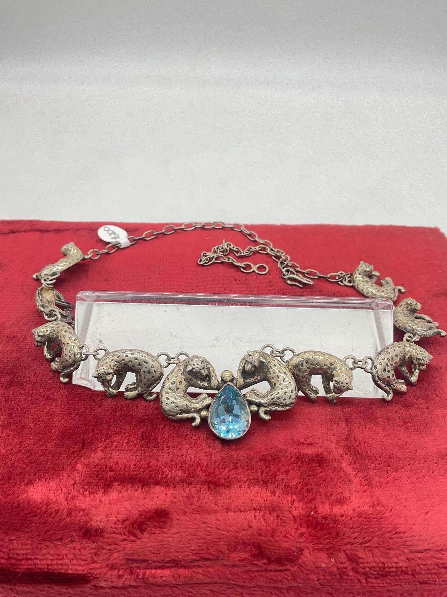 1990 Sterling silver Carol Felley statement necklace w/ spotted leopard's and blue topaz - 4