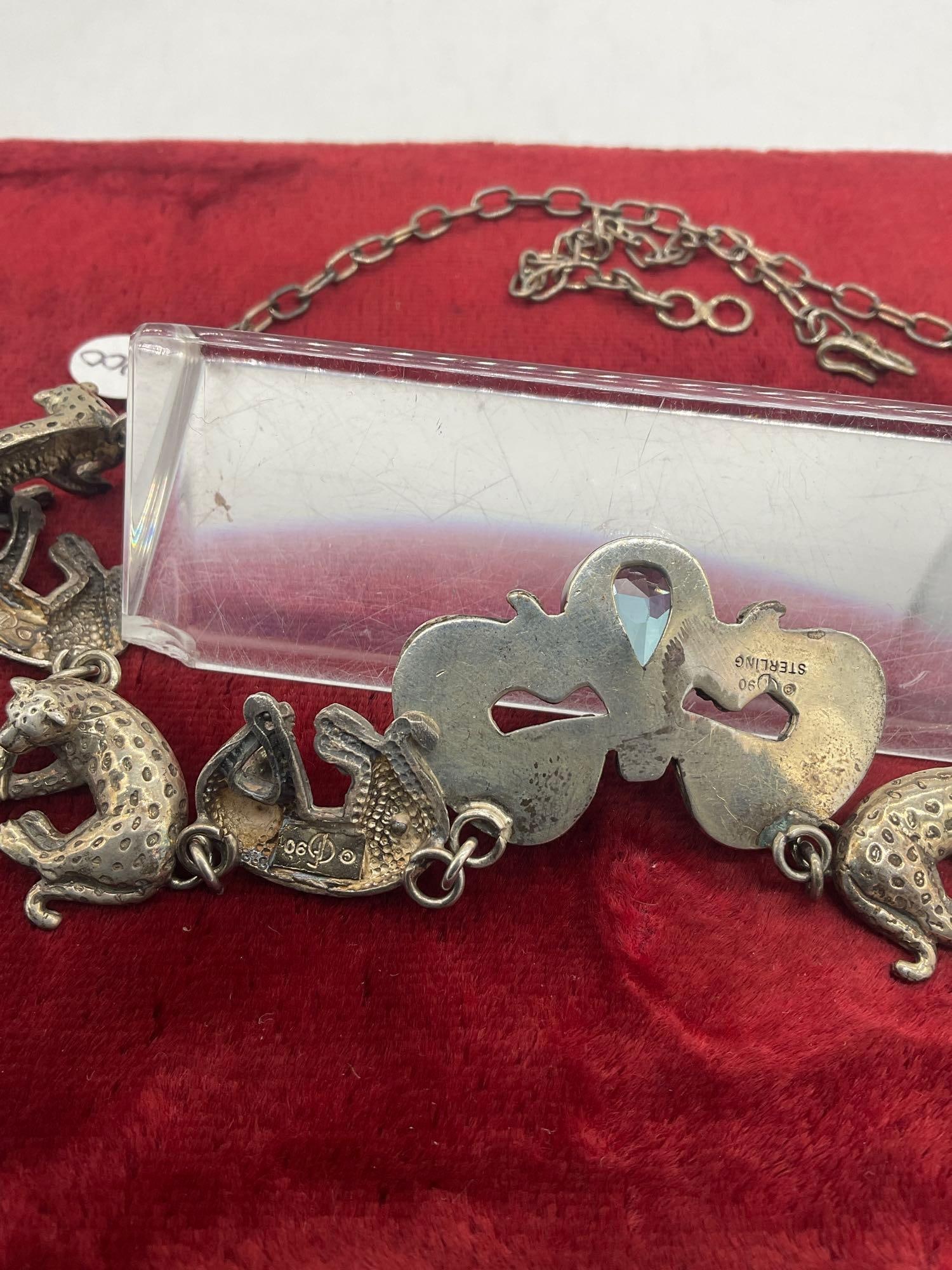 1990 Sterling silver Carol Felley statement necklace w/ spotted leopard's and blue topaz - 5