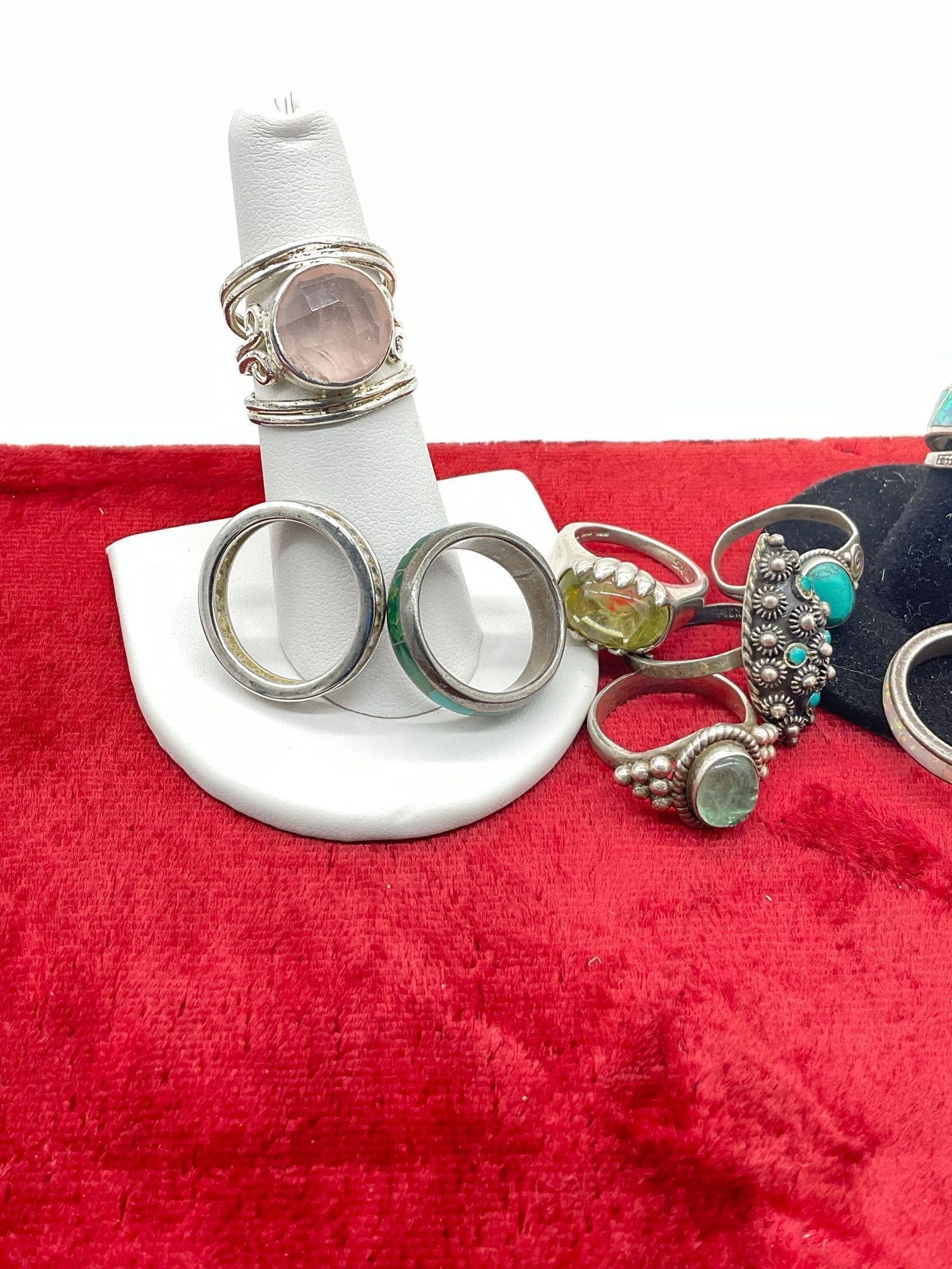 Fine selection of 11 sterling silver rings in various styles w/ crystal & stone settings - 2