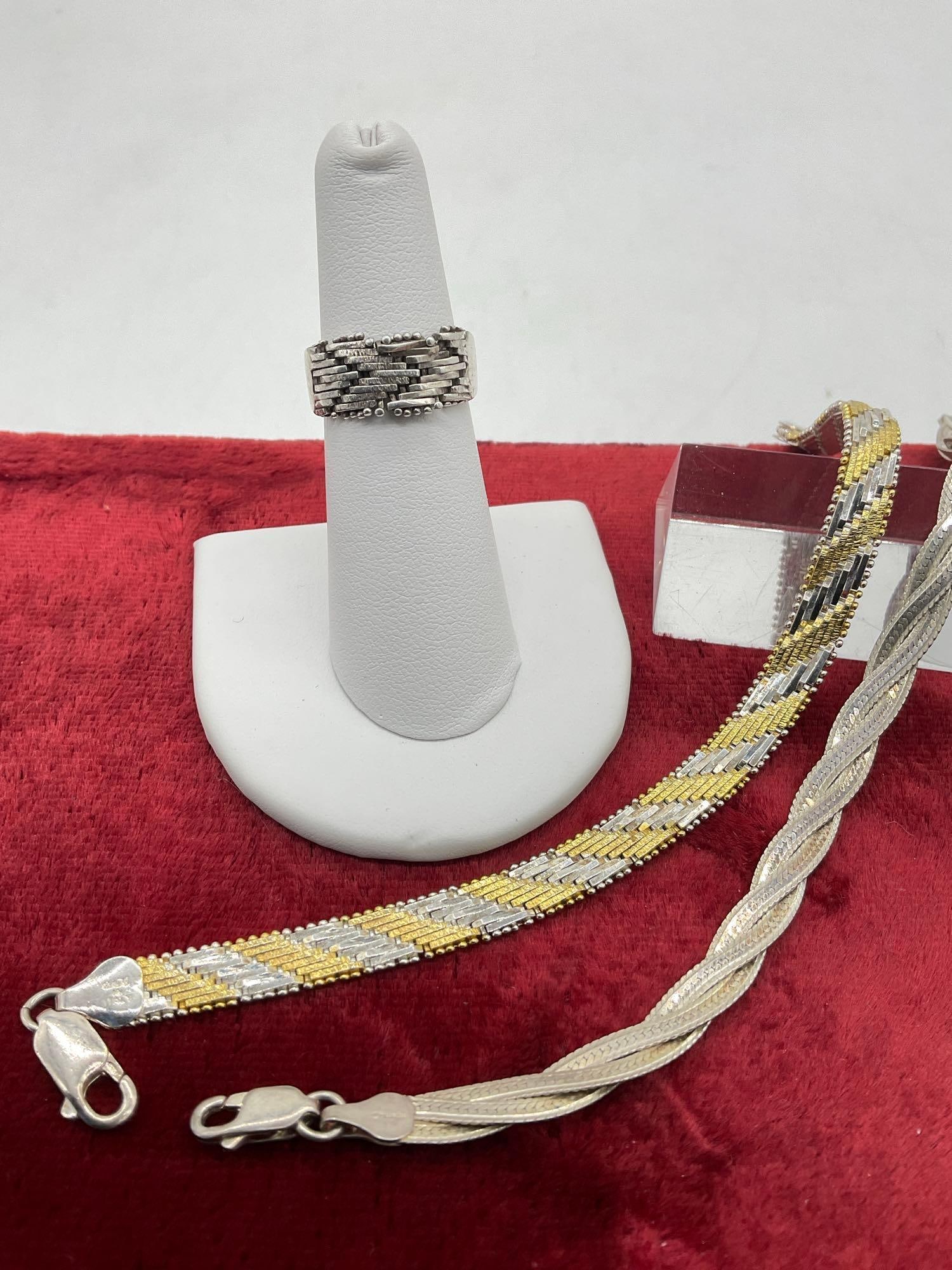Sterling silver jewelry lot incl. 2x Italian made bracelets and matching style ring - 2
