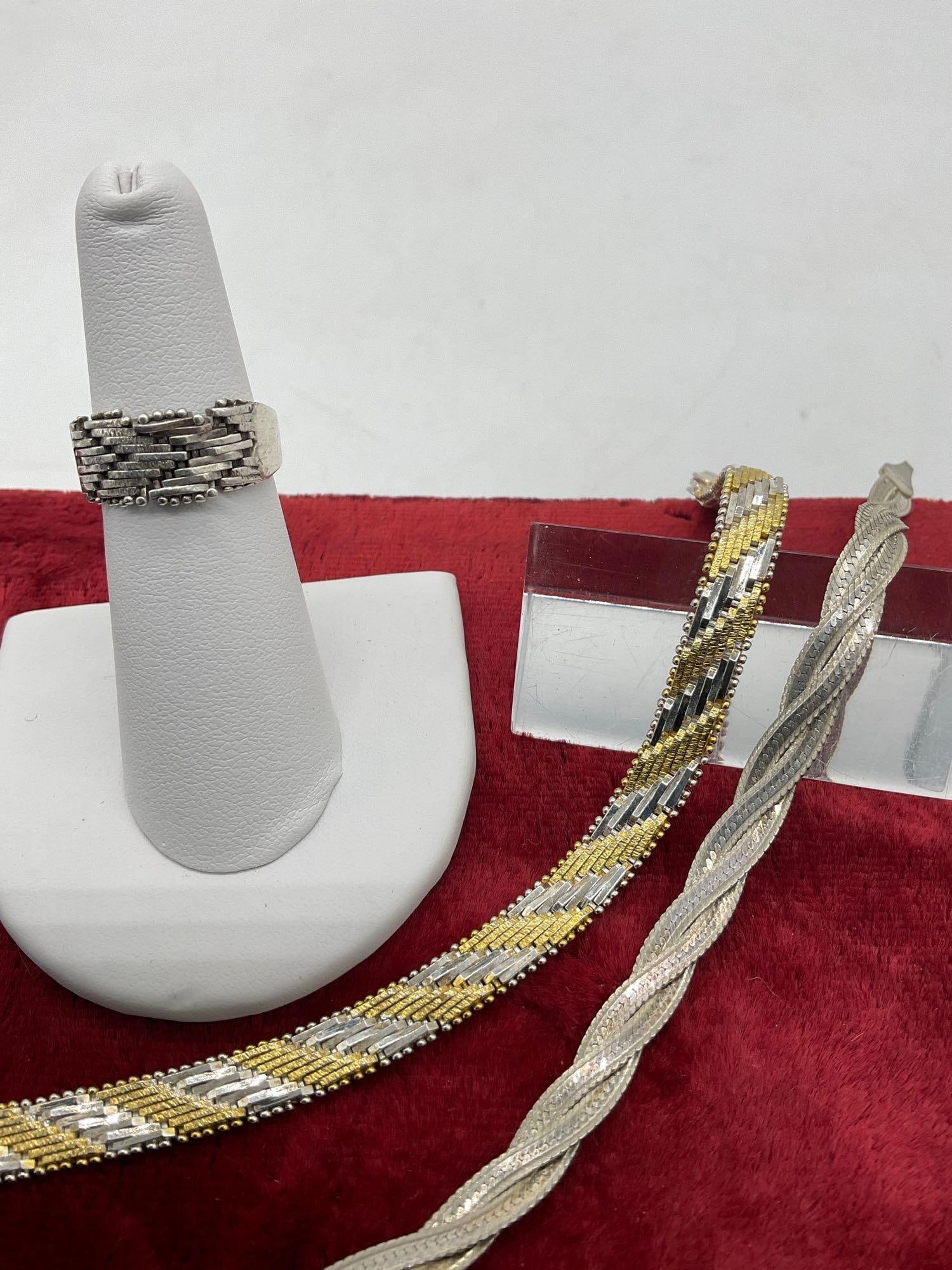 Sterling silver jewelry lot incl. 2x Italian made bracelets and matching style ring - 3