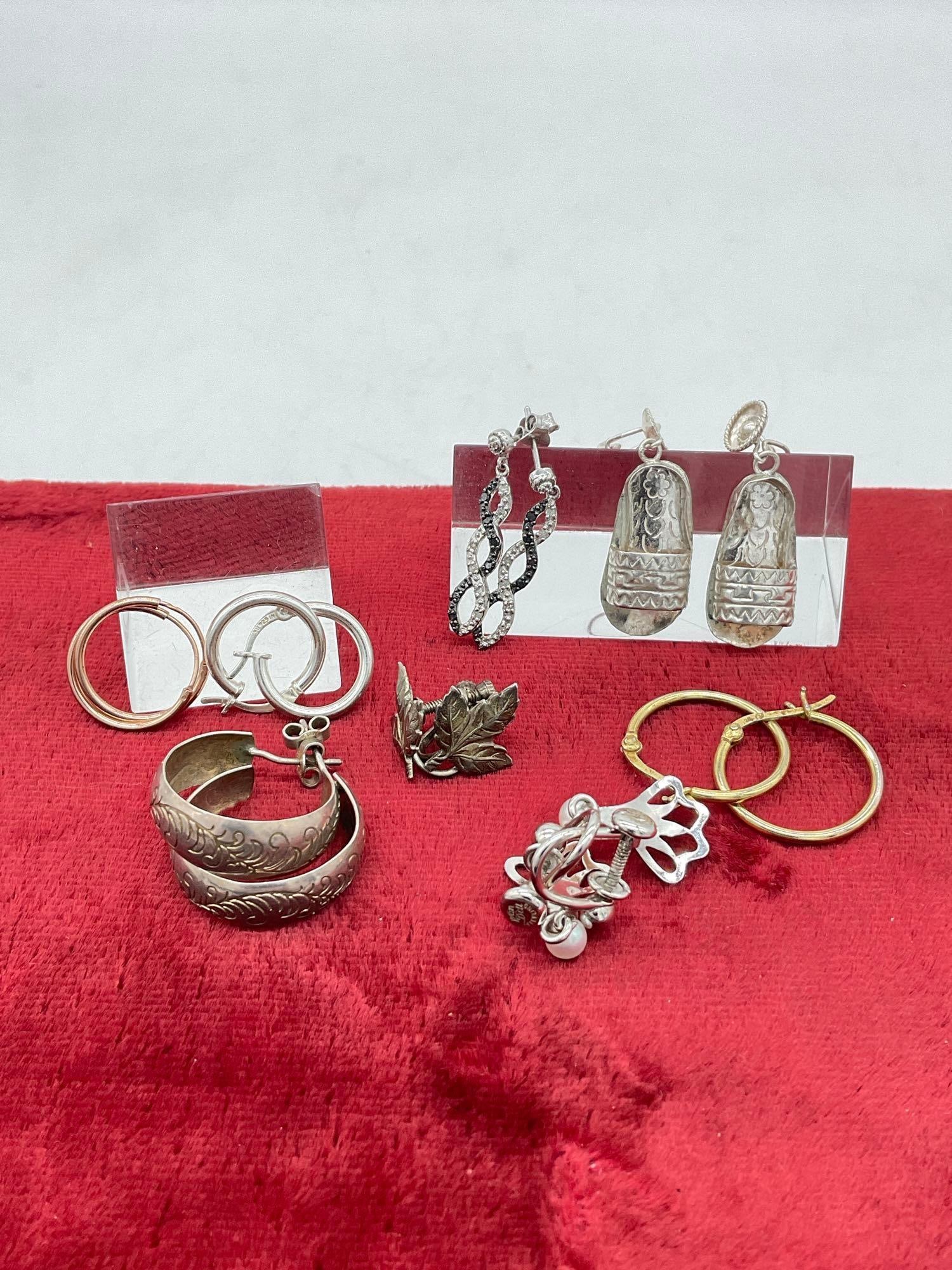 Selection of 8 sterling silver hoop and dangle earring pairs in various styles - 2