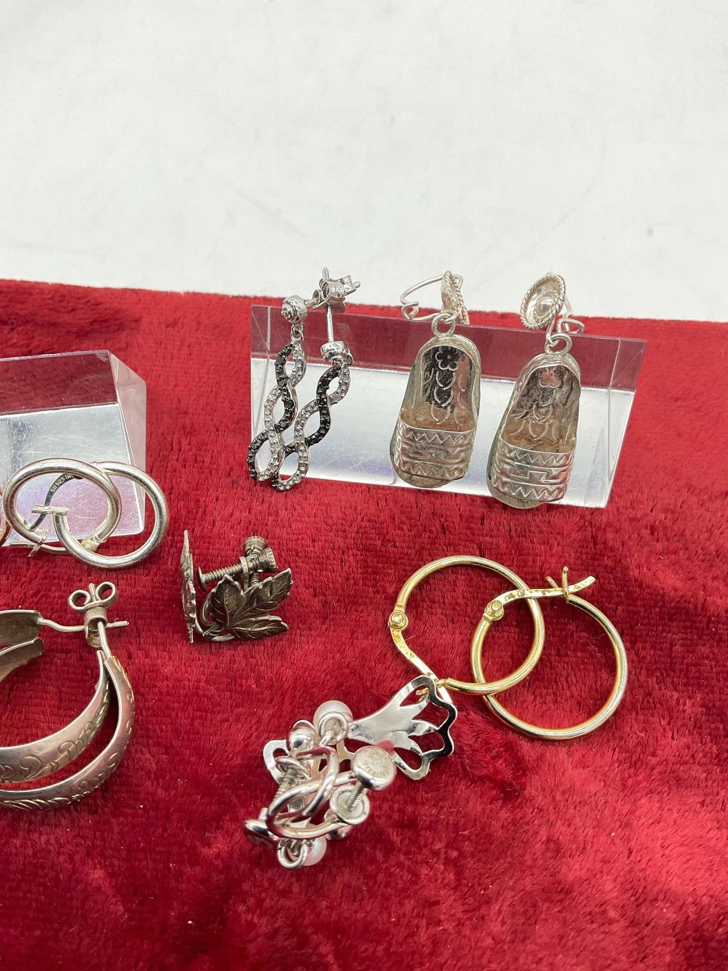Selection of 8 sterling silver hoop and dangle earring pairs in various styles - 4