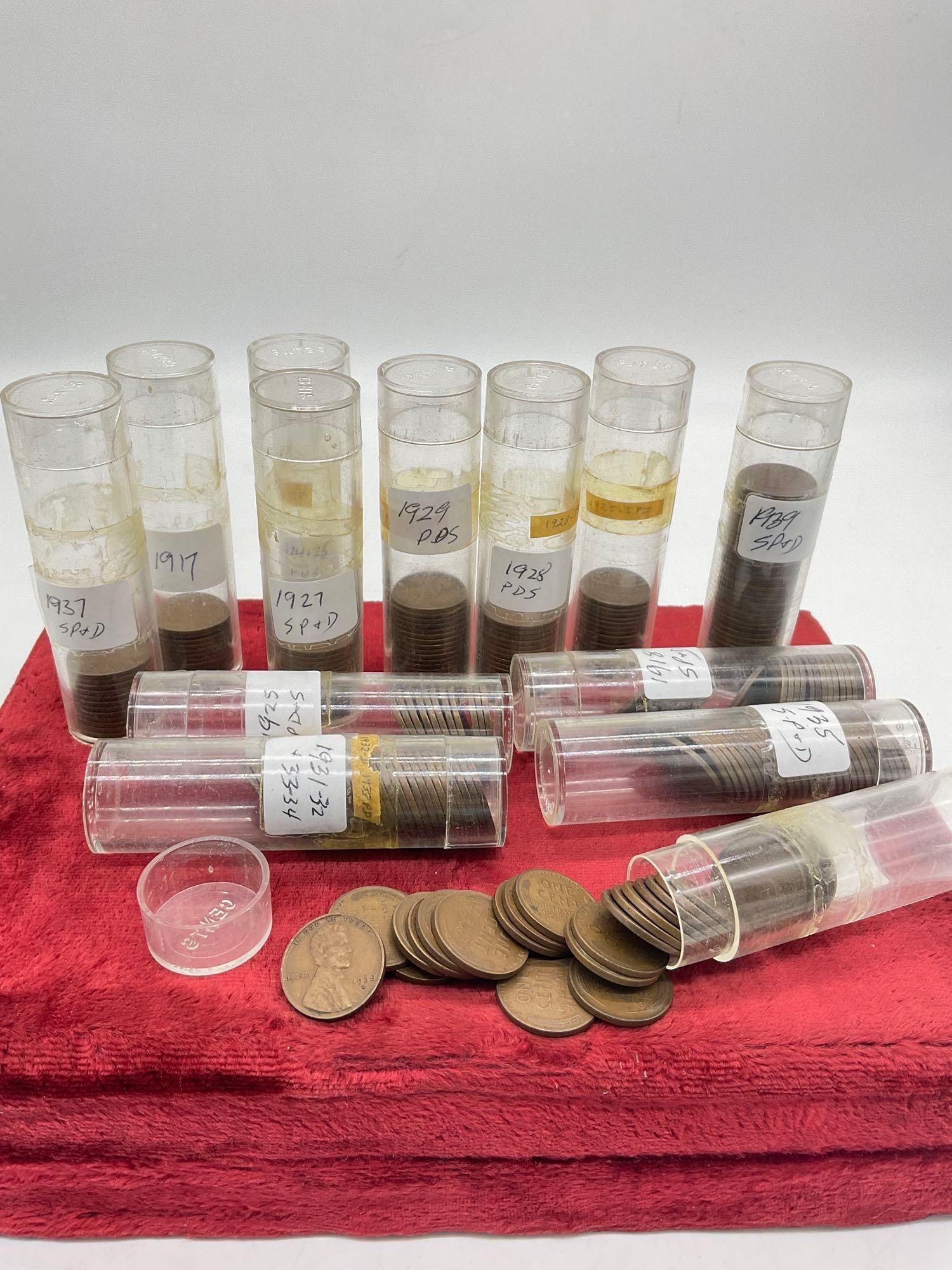 13 partial rolls of early date Lincoln Cent wheat pennies see pics - 2