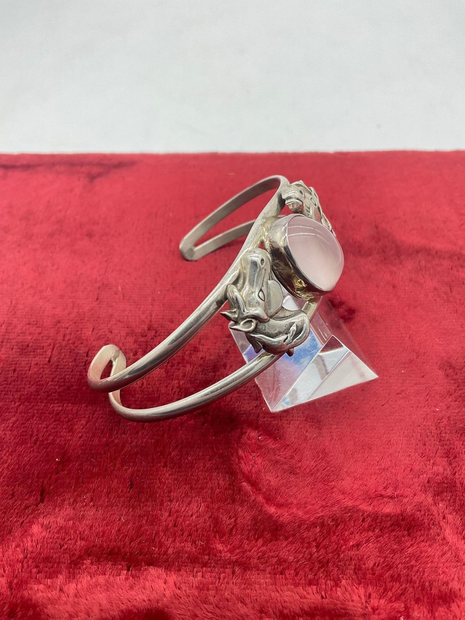 Vintage sterling silver Carol Felley 1990 Figural horses and pink quartz bracelet - 2