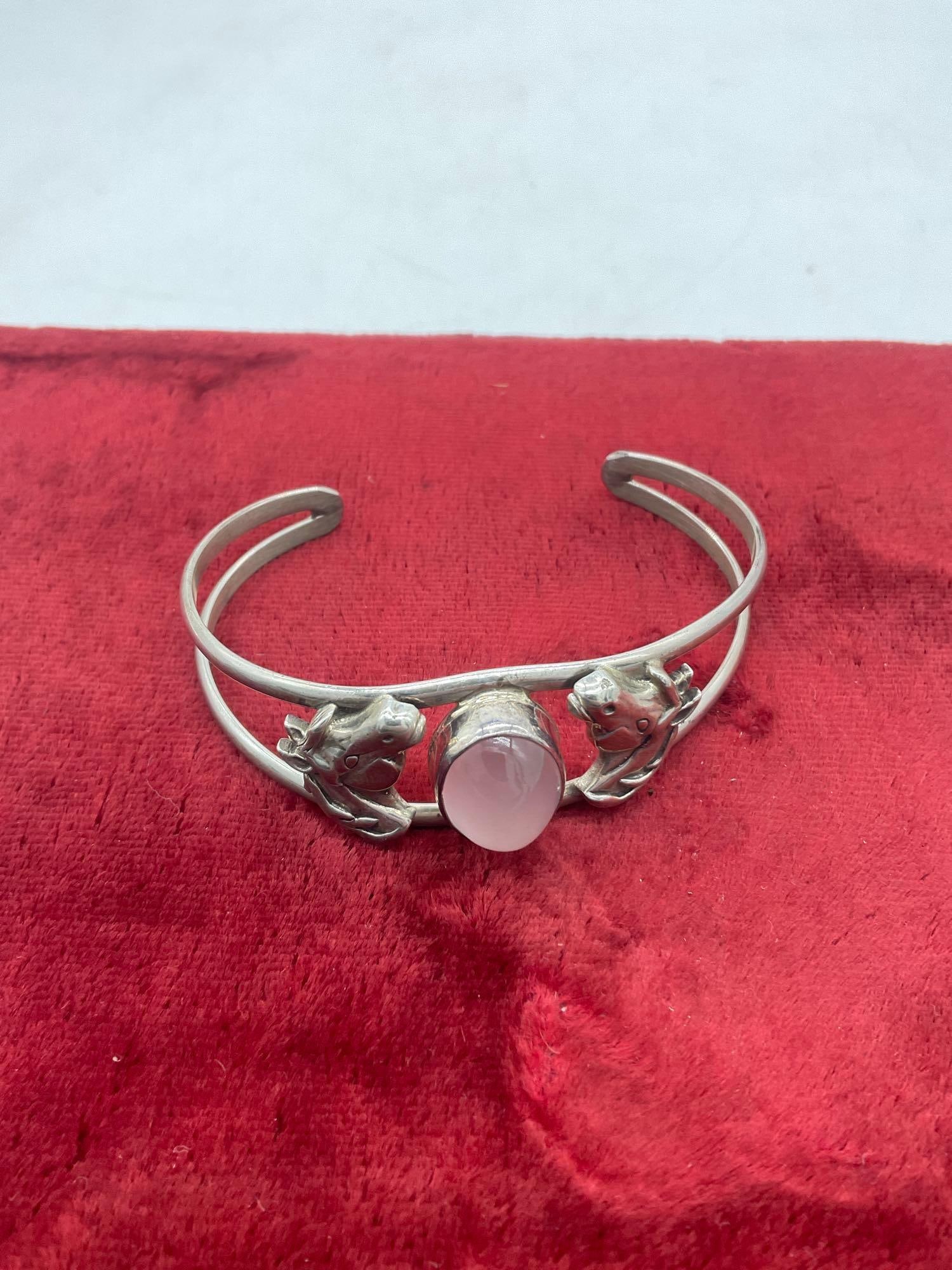 Vintage sterling silver Carol Felley 1990 Figural horses and pink quartz bracelet - 4