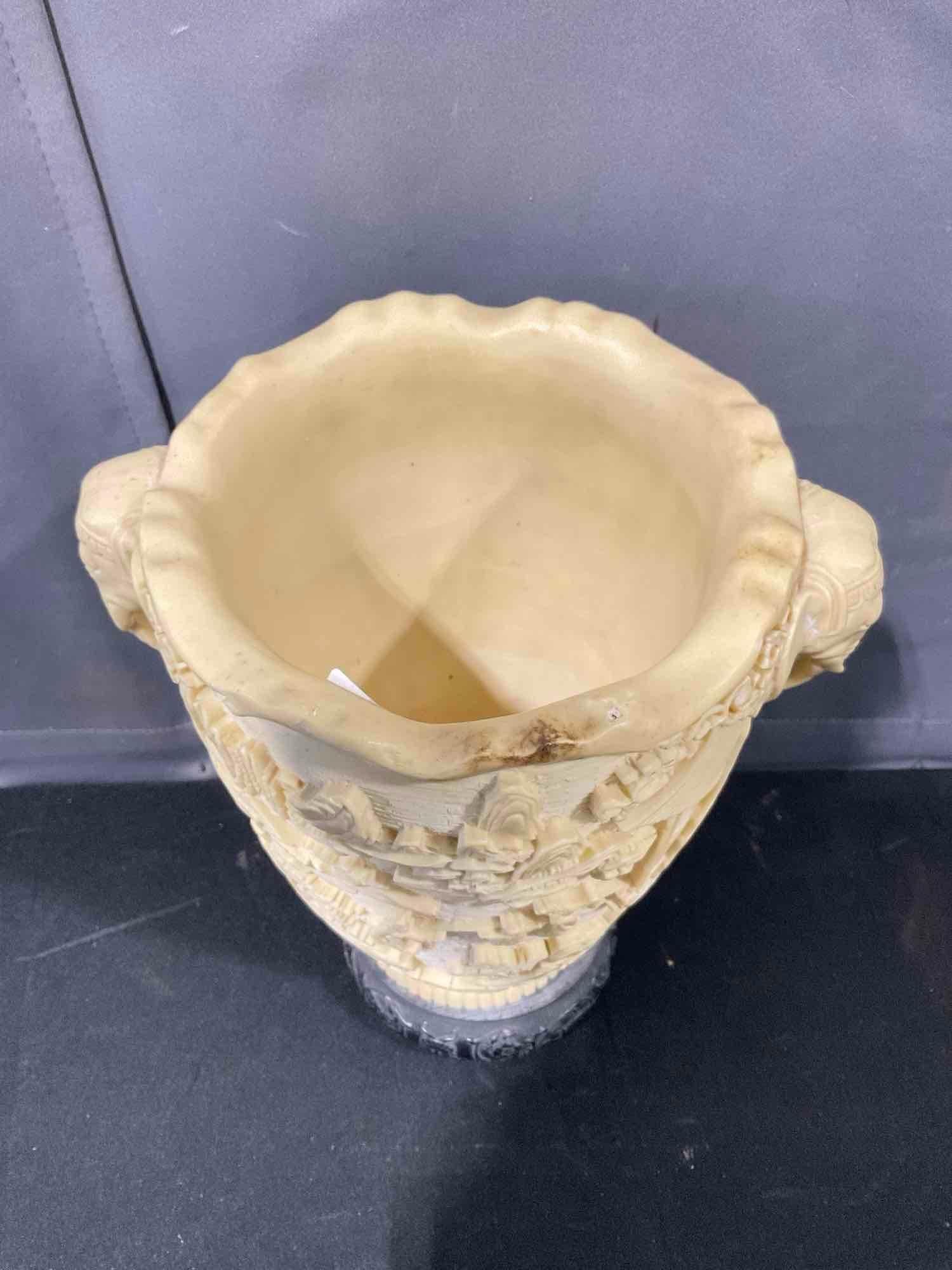 Vintage faux ivory tall Asian vase w/ hi-relief decorations & elephant hand handles - 2