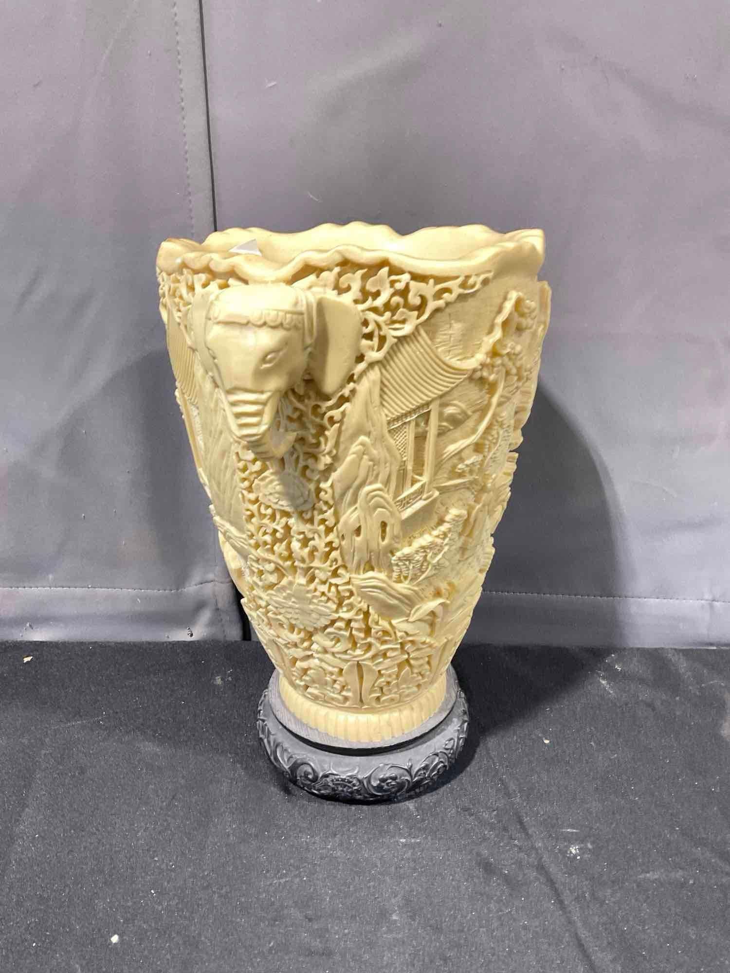 Vintage faux ivory tall Asian vase w/ hi-relief decorations & elephant hand handles - 3