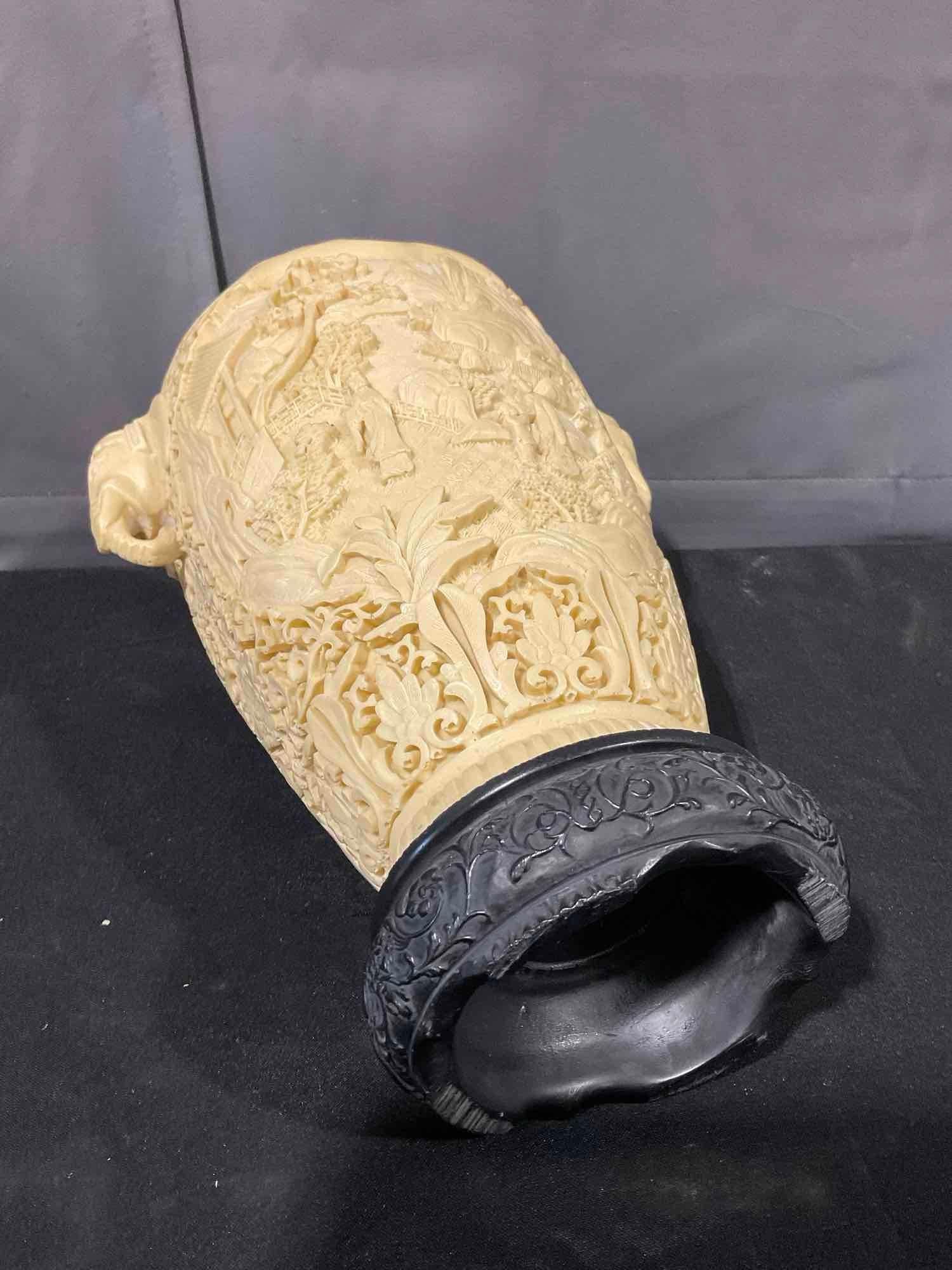 Vintage faux ivory tall Asian vase w/ hi-relief decorations & elephant hand handles - 4
