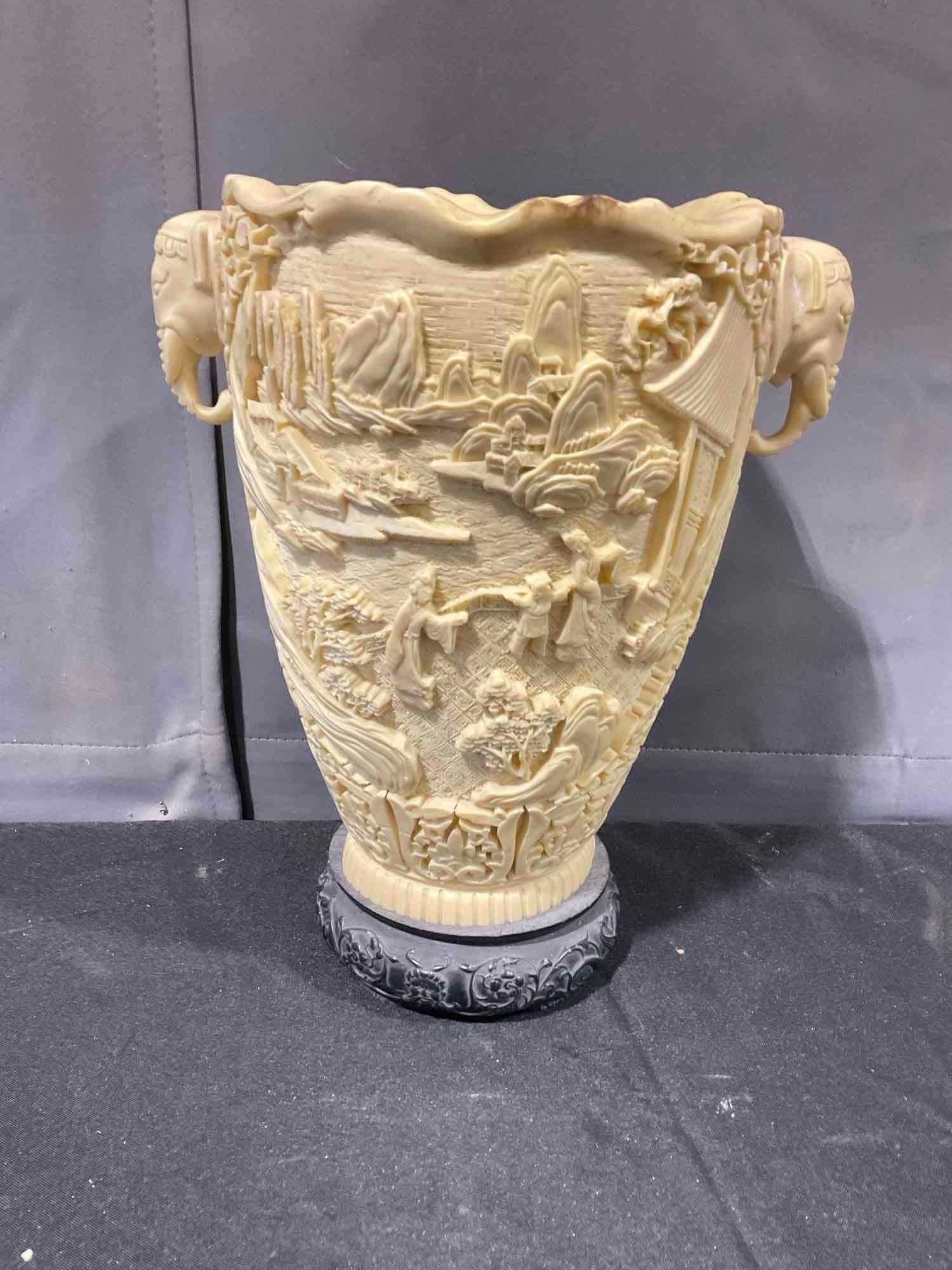 Vintage faux ivory tall Asian vase w/ hi-relief decorations & elephant hand handles - 5