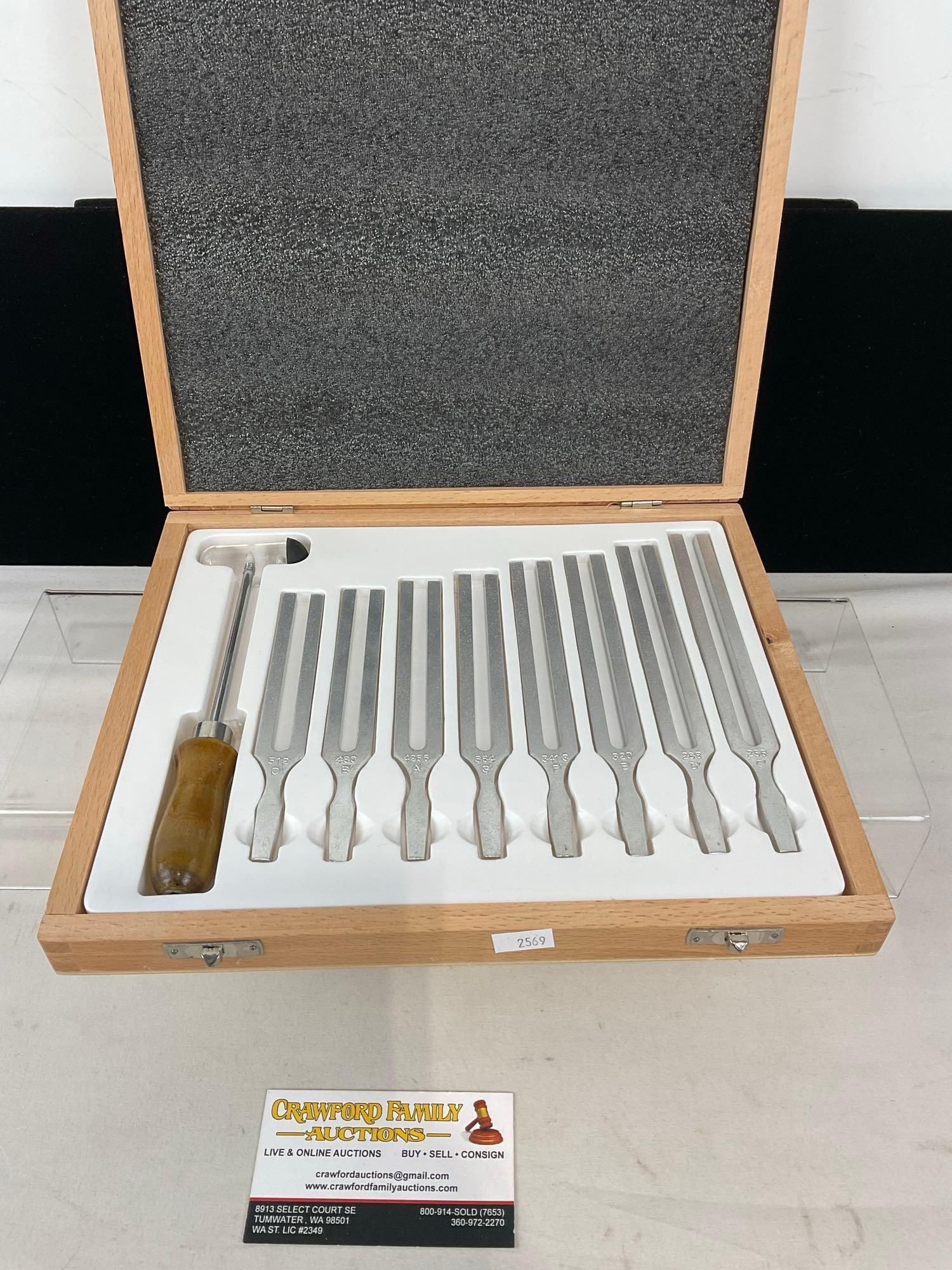 Aluminum Tuning Fork Set w/ Mallet & Wooden Case, 3h x 12w x 10d inches: Appears to be in good shape. The piece measures approx 3h x 12w x 10d inches. See pics. E-2569 