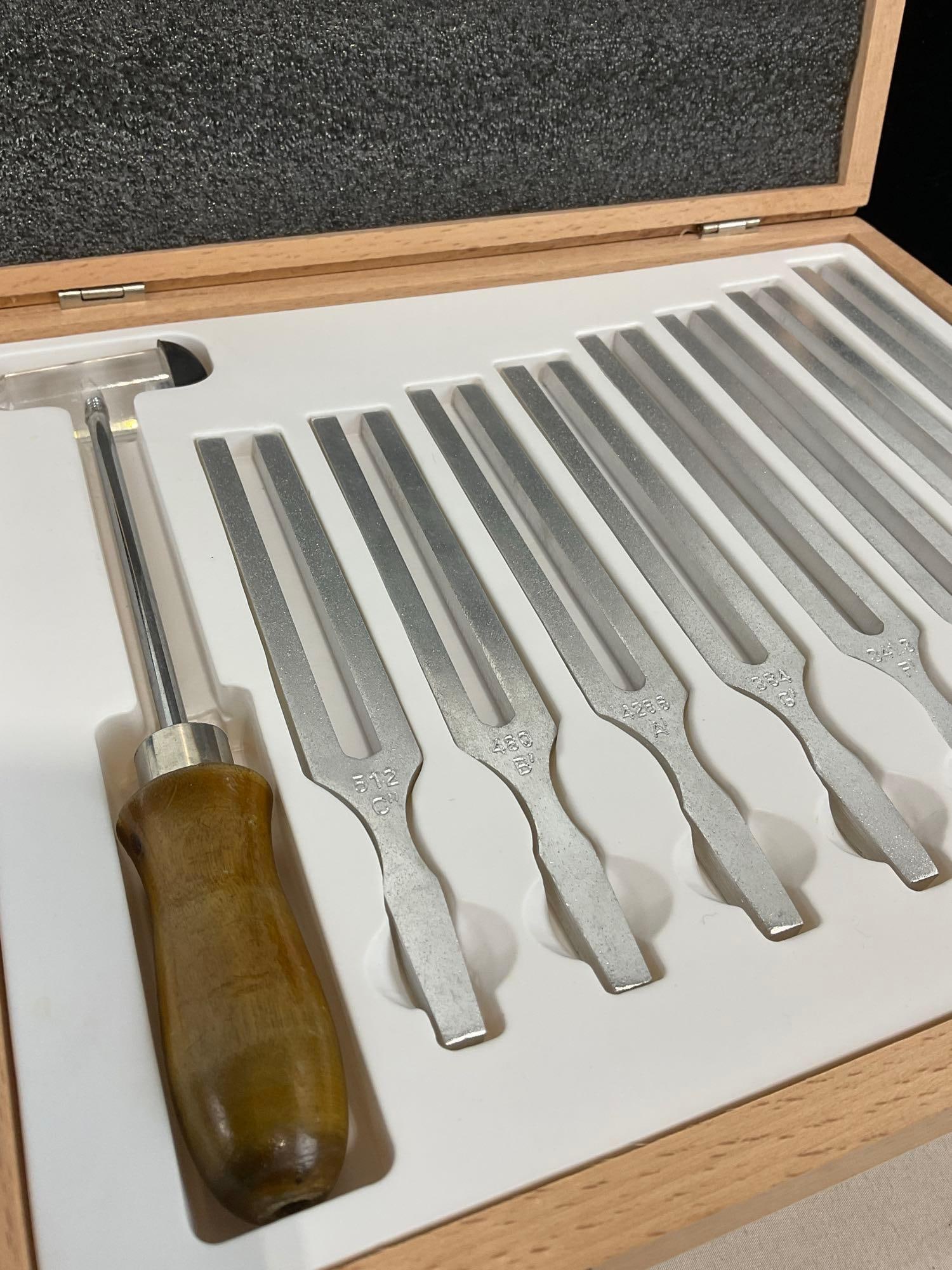 Aluminum Tuning Fork Set w/ Mallet & Wooden Case, 3h x 12w x 10d inches - 2