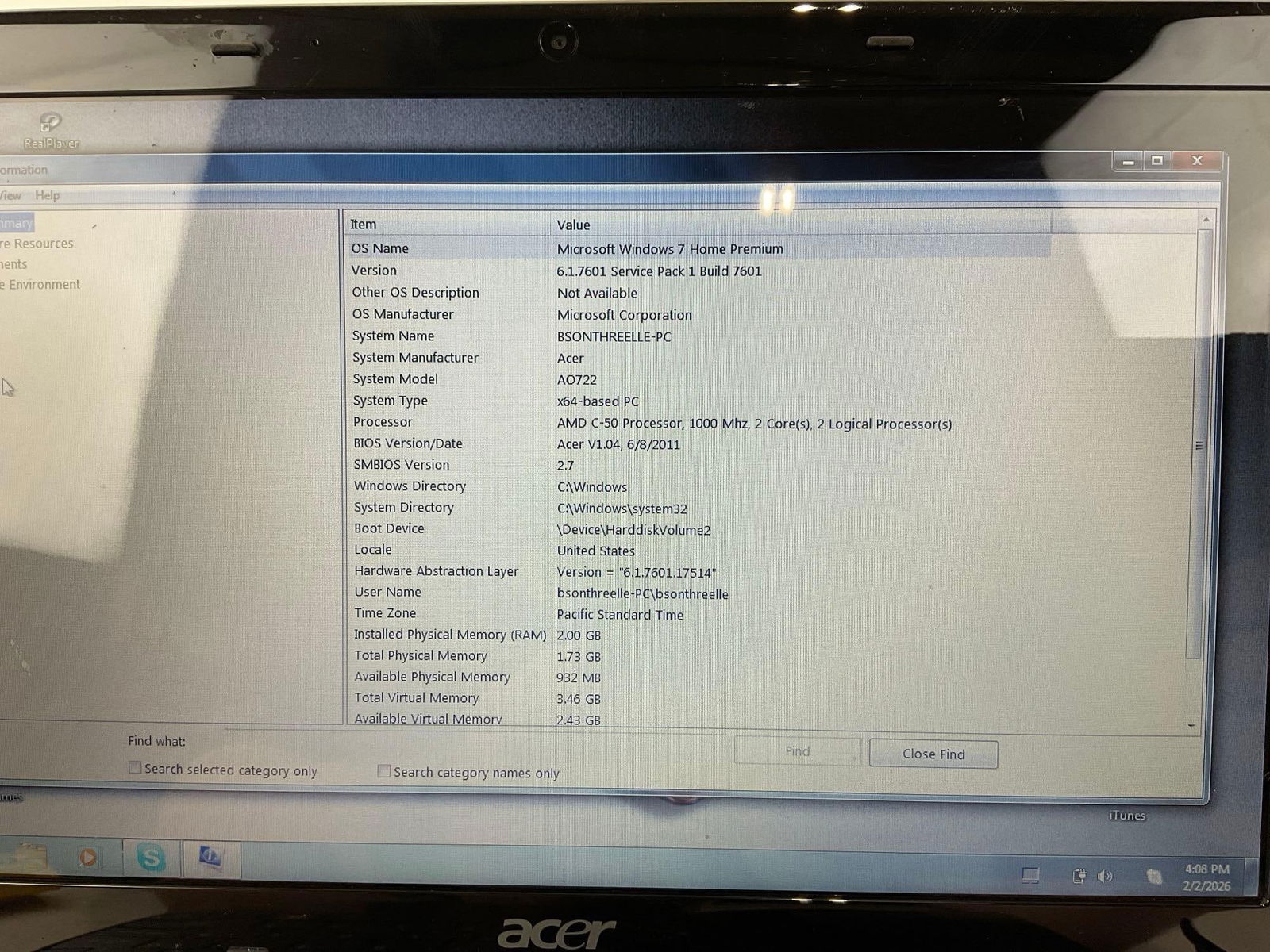 2011 Acer Aspire One 722 Netbook, Older model, tested & working, Windows 7, very portable - 3