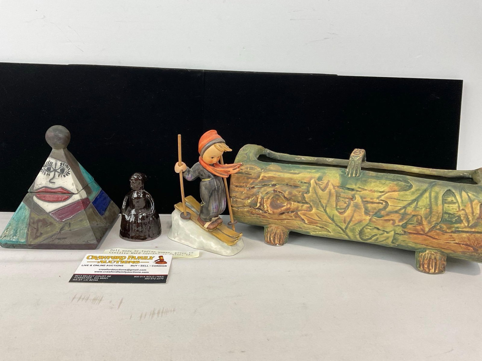 Antique Native Am. Pottery Doll 1870, Hummel Figure Skier #59, Weller Planter & Pyramid Trinket Box (1 of 12)