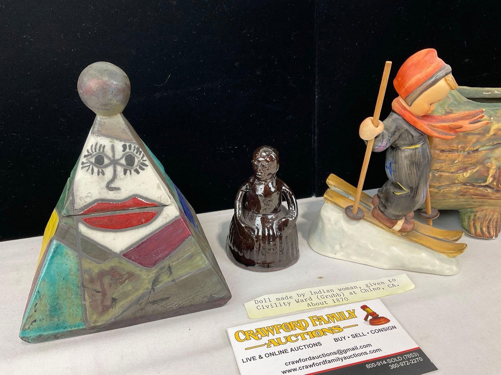 Antique Native Am. Pottery Doll 1870, Hummel Figure Skier #59, Weller Planter & Pyramid Trinket Box - 2
