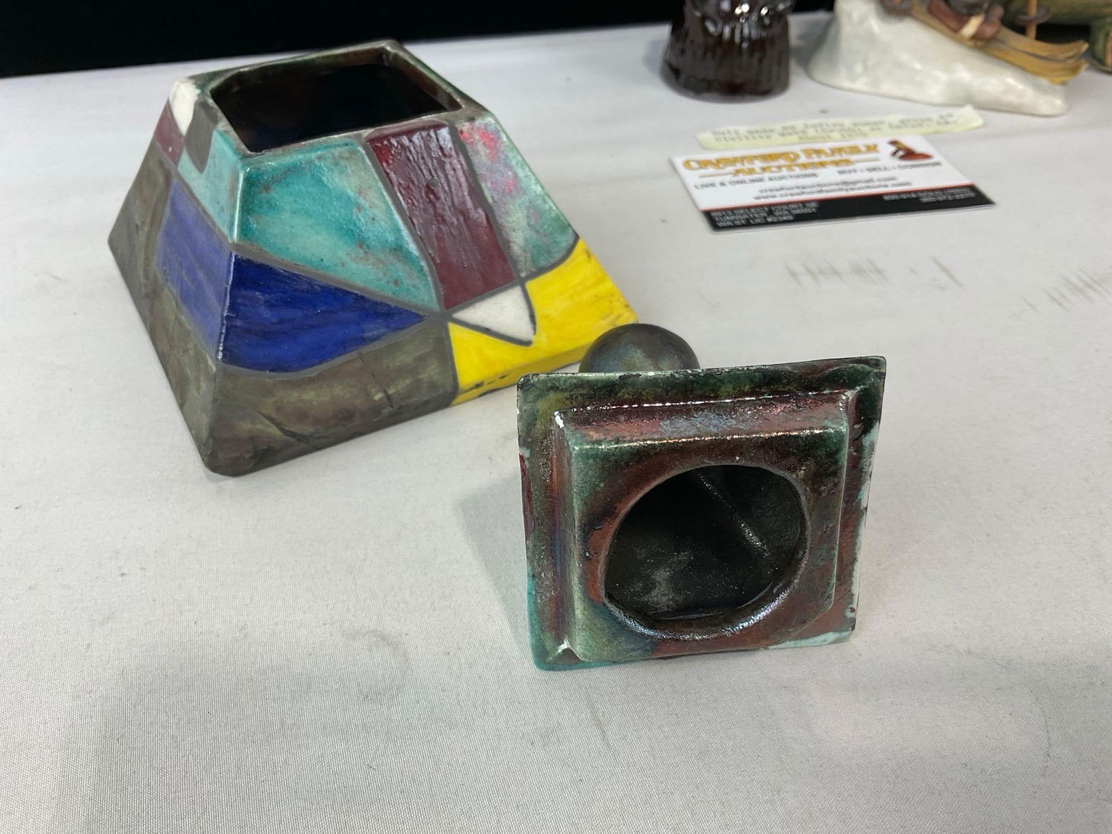 Antique Native Am. Pottery Doll 1870, Hummel Figure Skier #59, Weller Planter & Pyramid Trinket Box - 4