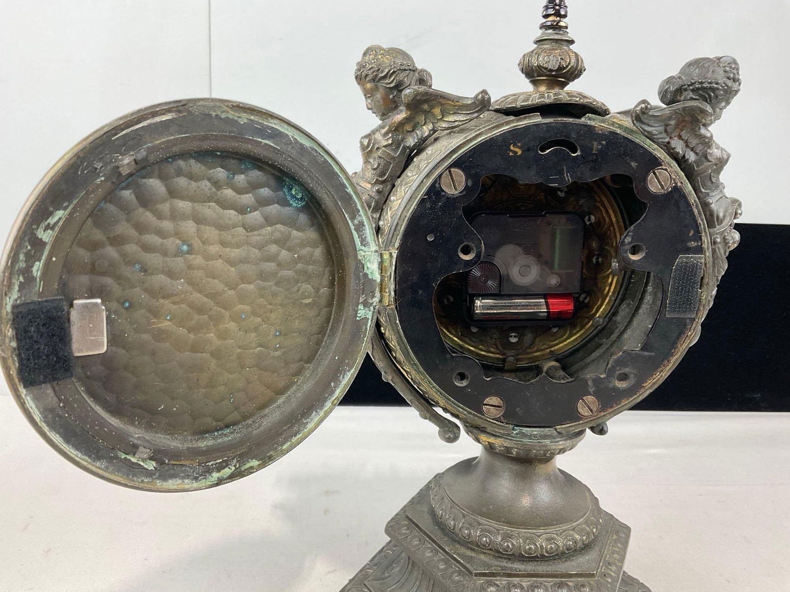 Ornate Mantel Clock, Cast Metal, poss Spelter, no internals or movement, Enamel Numbers, some wear - 4