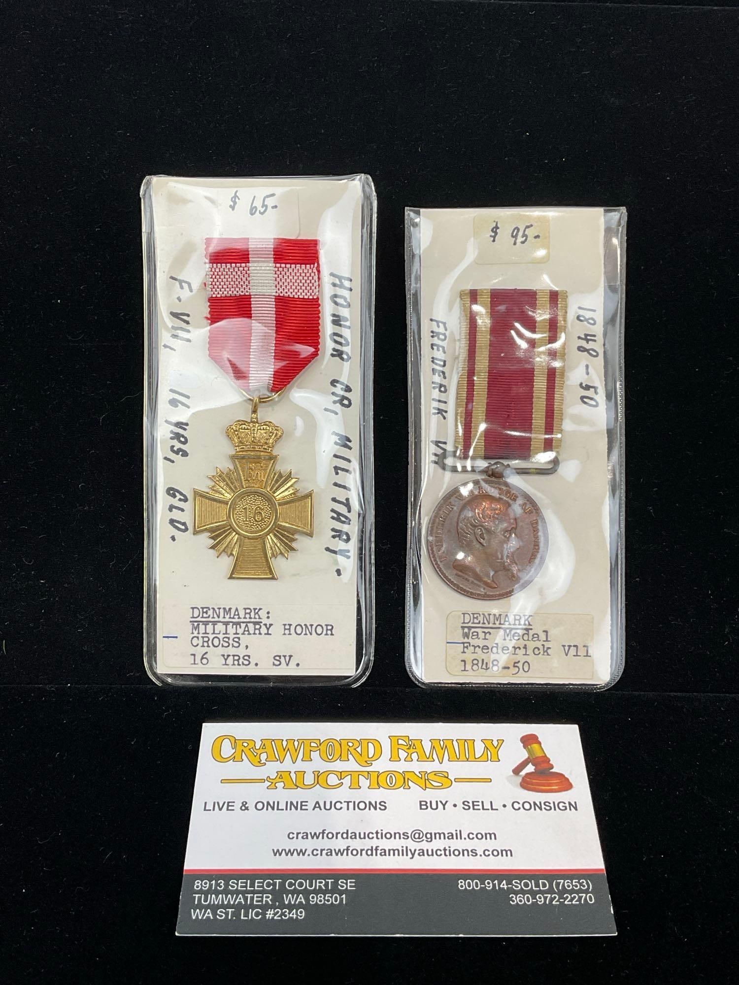 Pair of Antique Danish Medals, Military Honor Cross 16 Years Serv. & War Medal Frederick VII 1848...: All from a single collection, these are briefly described on the tag and were kept in a display. They measure approx 6h x 3w x 2d inches. See pics. E-5300