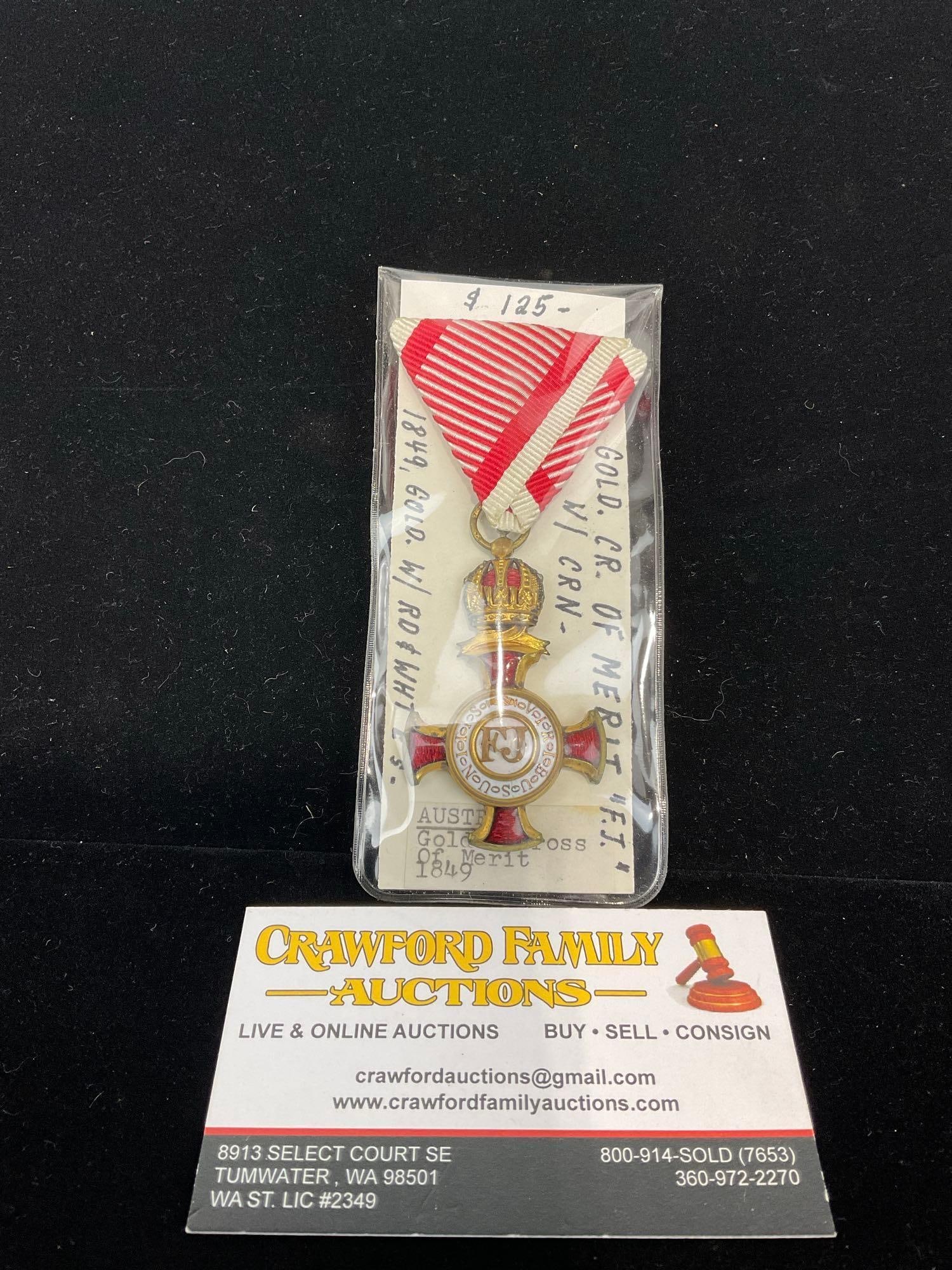 Antique Austrian Medal 1849 Golden Cross of Merit, Gilt w/ Red & White Enameled ornamentation: All from a single collection, these are briefly described on the tag and were kept in a display. They measure approx 6h x 3w x 2d inches. See pics. E-5300