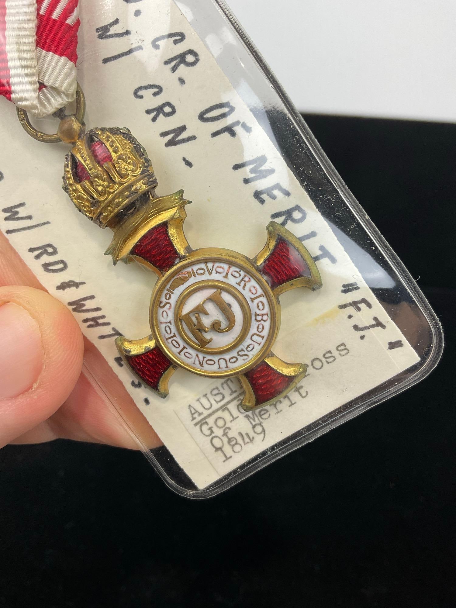 Antique Austrian Medal 1849 Golden Cross of Merit, Gilt w/ Red & White Enameled ornamentation - 2