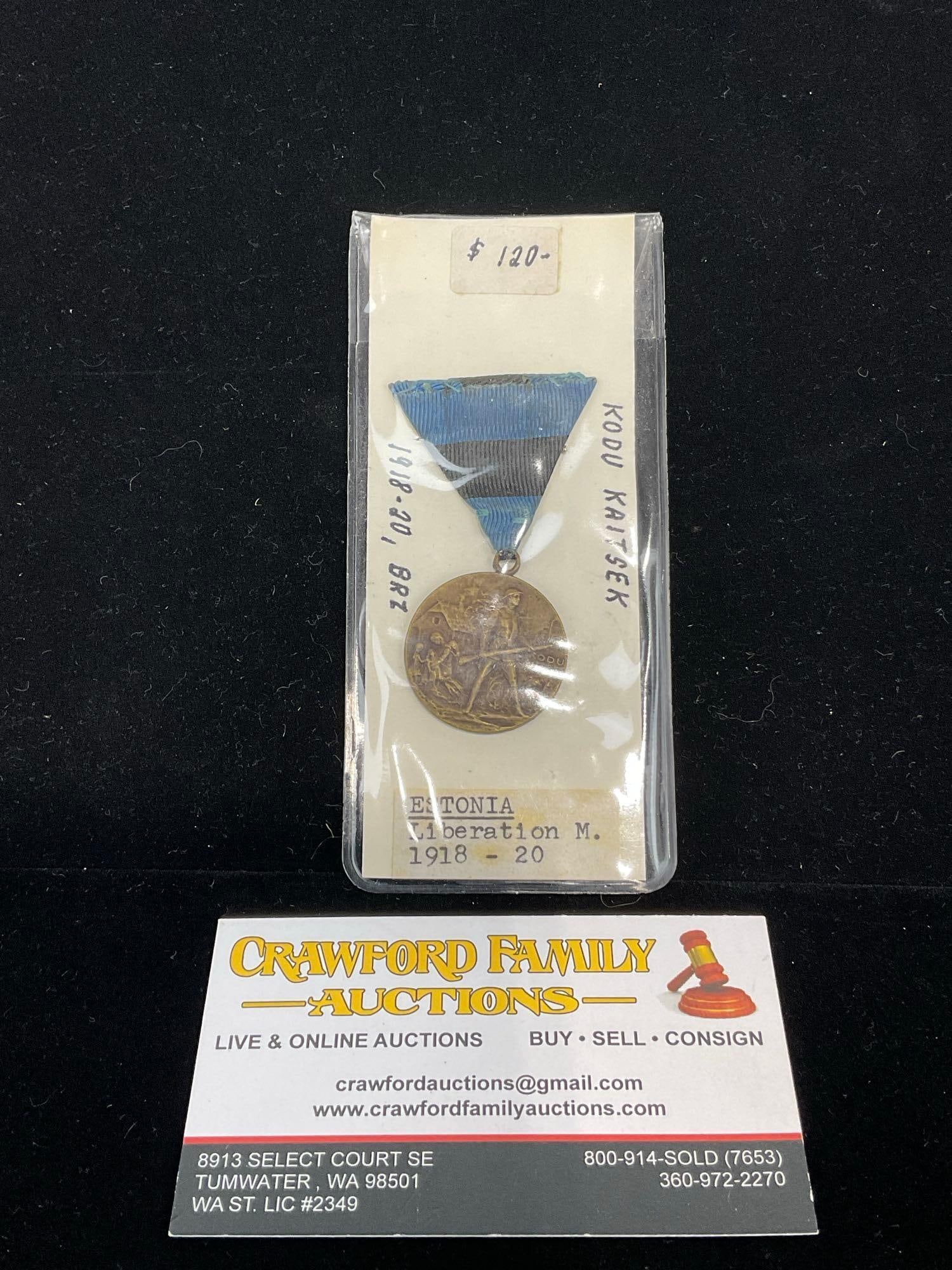 Antique Estonia Liberation Medal 1918-1920, Bronze, marked Kodu Kaitsek: All from a single collection, these are briefly described on the tag and were kept in a display. They measure approx 6h x 3w x 2d inches. See pics. E-5300 