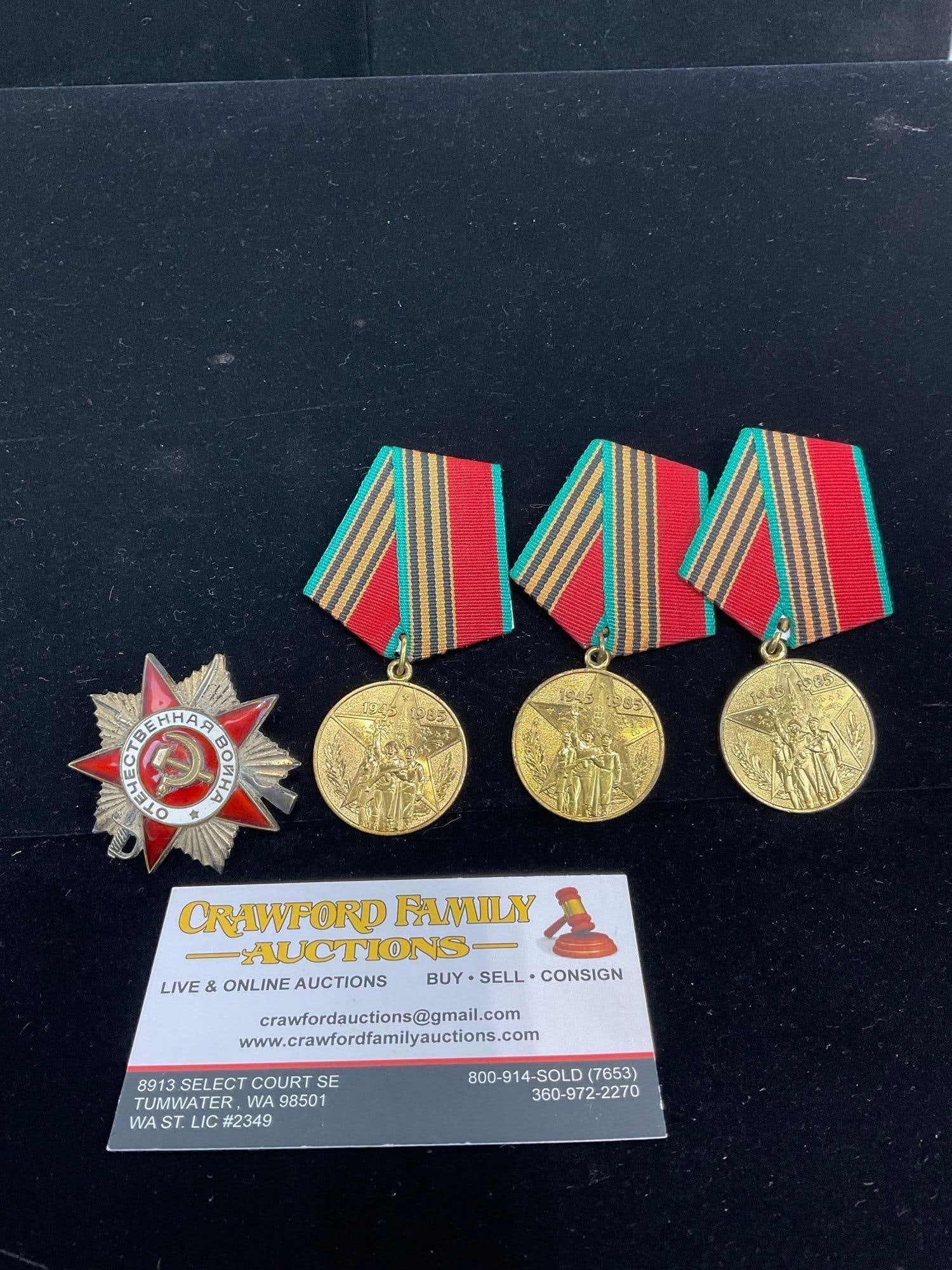 3 1945-85 Soviet Jubilee Forty Years of Victory WW2 & Order of the Patriotic War 2nd Class WW2: All from a single collection, these are briefly described on the tag and were kept in a display. They measure approx 6h x 3w x 2d inches. See pics. E-5300