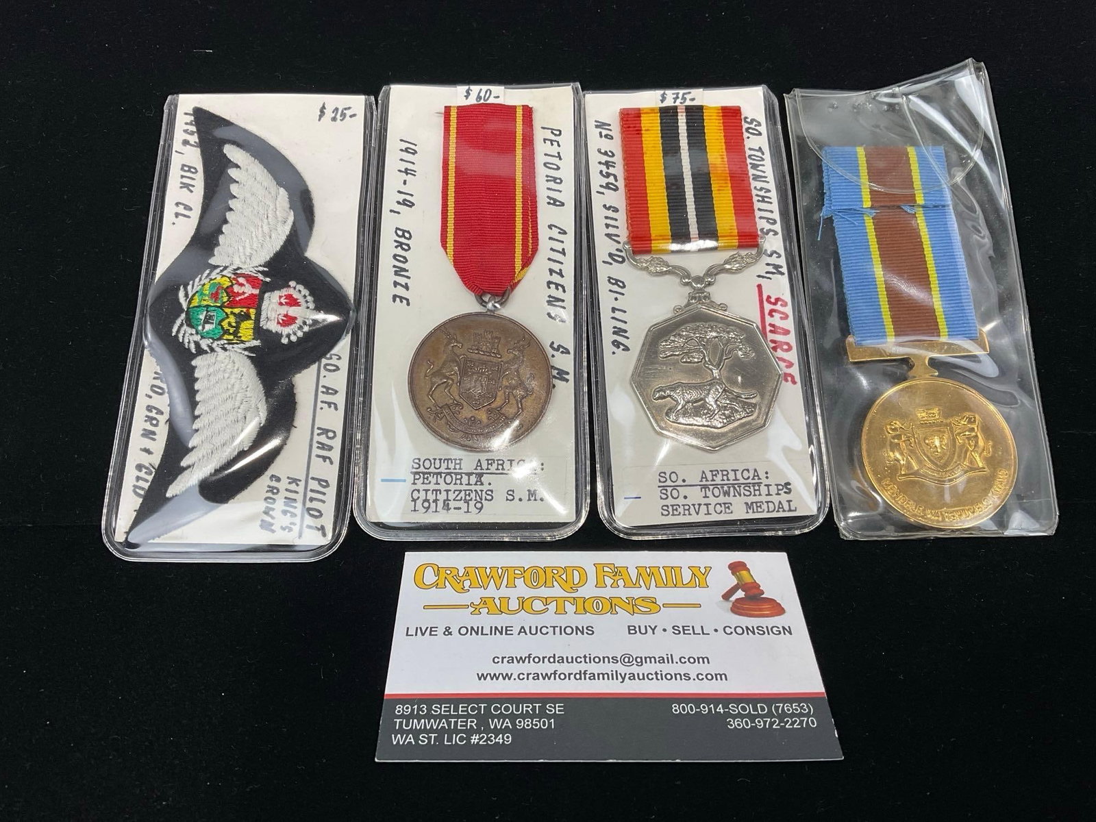 3 South African Medals & Patch, Pretoria Citz.Serv. 1914-19, South Townships Serv. & Police 75th ...: All from a single collection, these are briefly described on the tag and were kept in a display. They measure approx 6h x 3w x 2d inches. See pics. E-5300 
