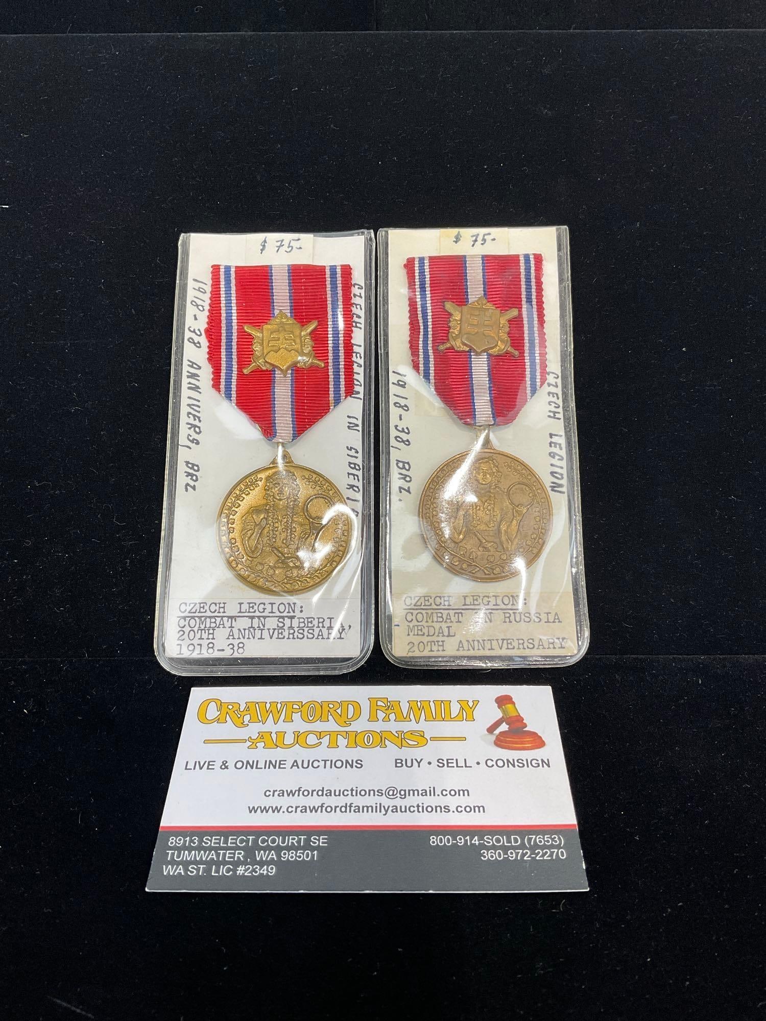 Pair of Czech Legion Combat in Siberia & Russia 20th Anniversary, 1918-1938, Bronze: All from a single collection, these are briefly described on the tag and were kept in a display. They measure approx 6h x 3w x 2d inches. See pics. E-5300 