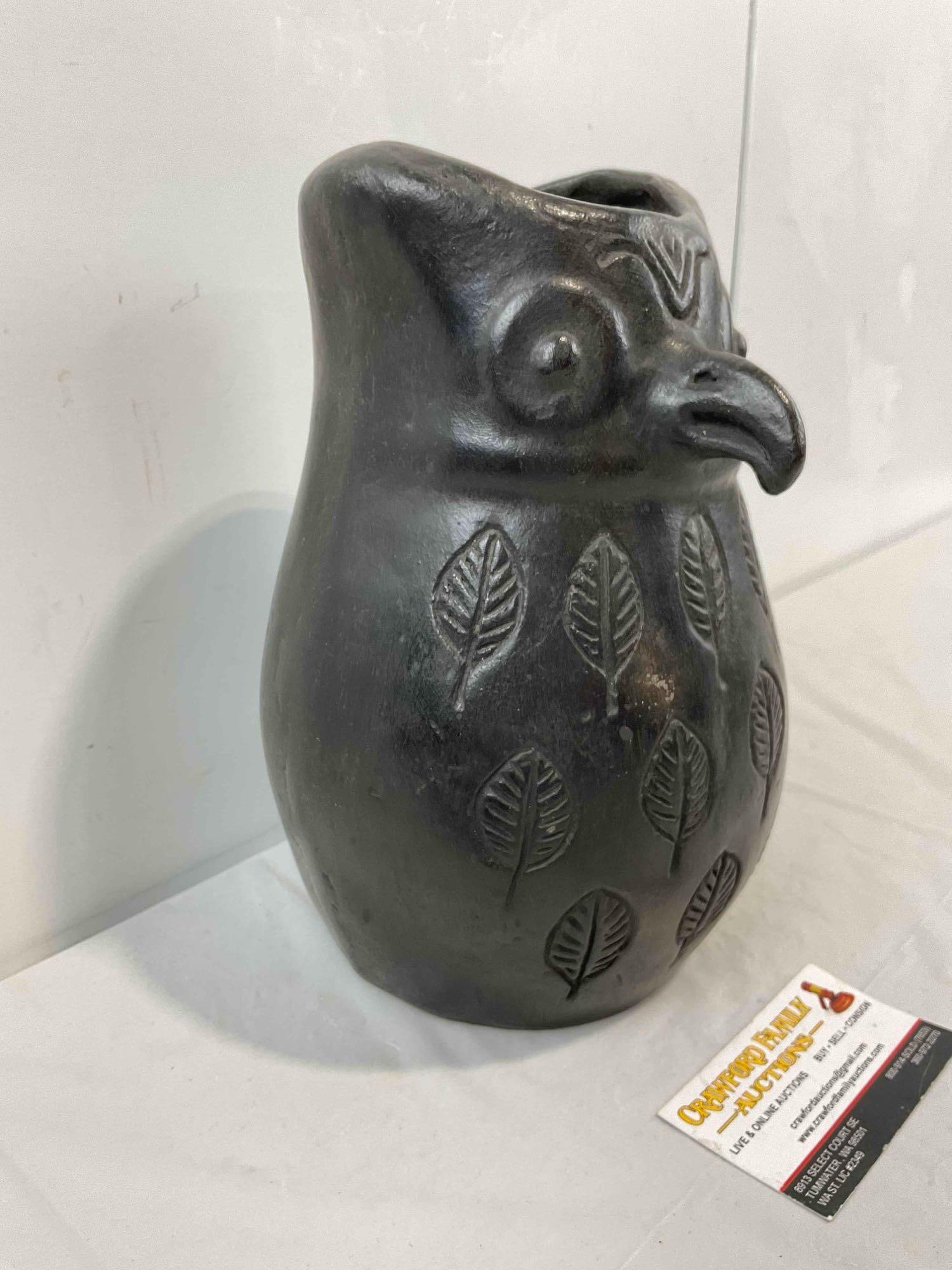 Vintage Mexican Black Ceramic Owl Figural Vase. Very Good Condition. See pics. - 3