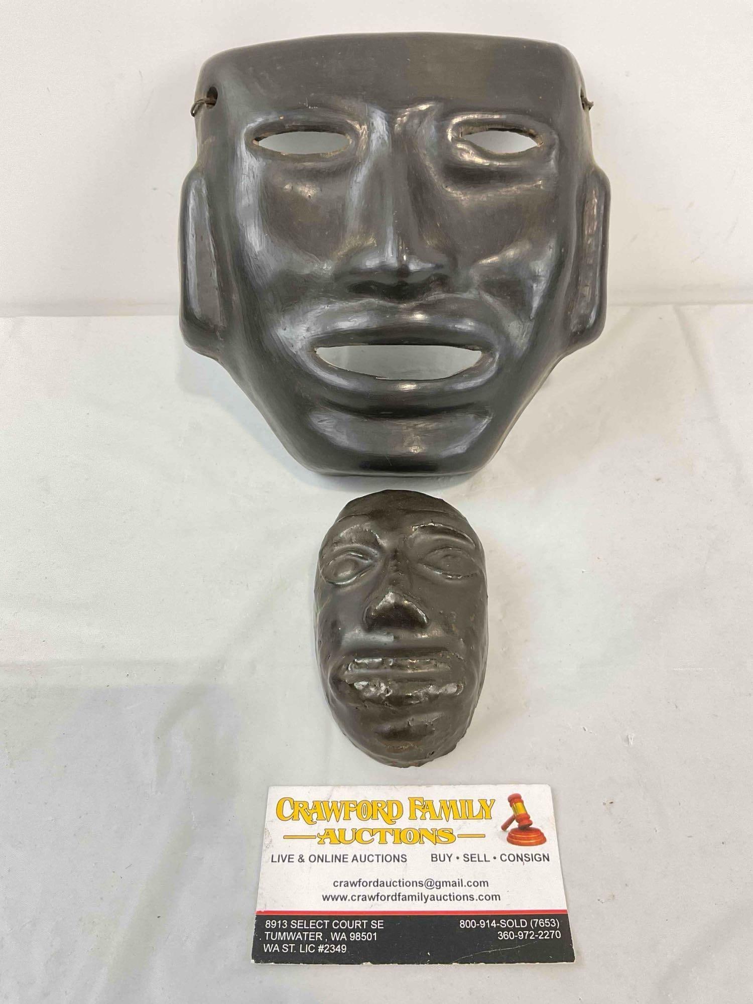 Vintage Made in Mexico Black Painted Pottery Terra Cotta? Smiling Face Masks. Very Good Cond. (1 of 4)
