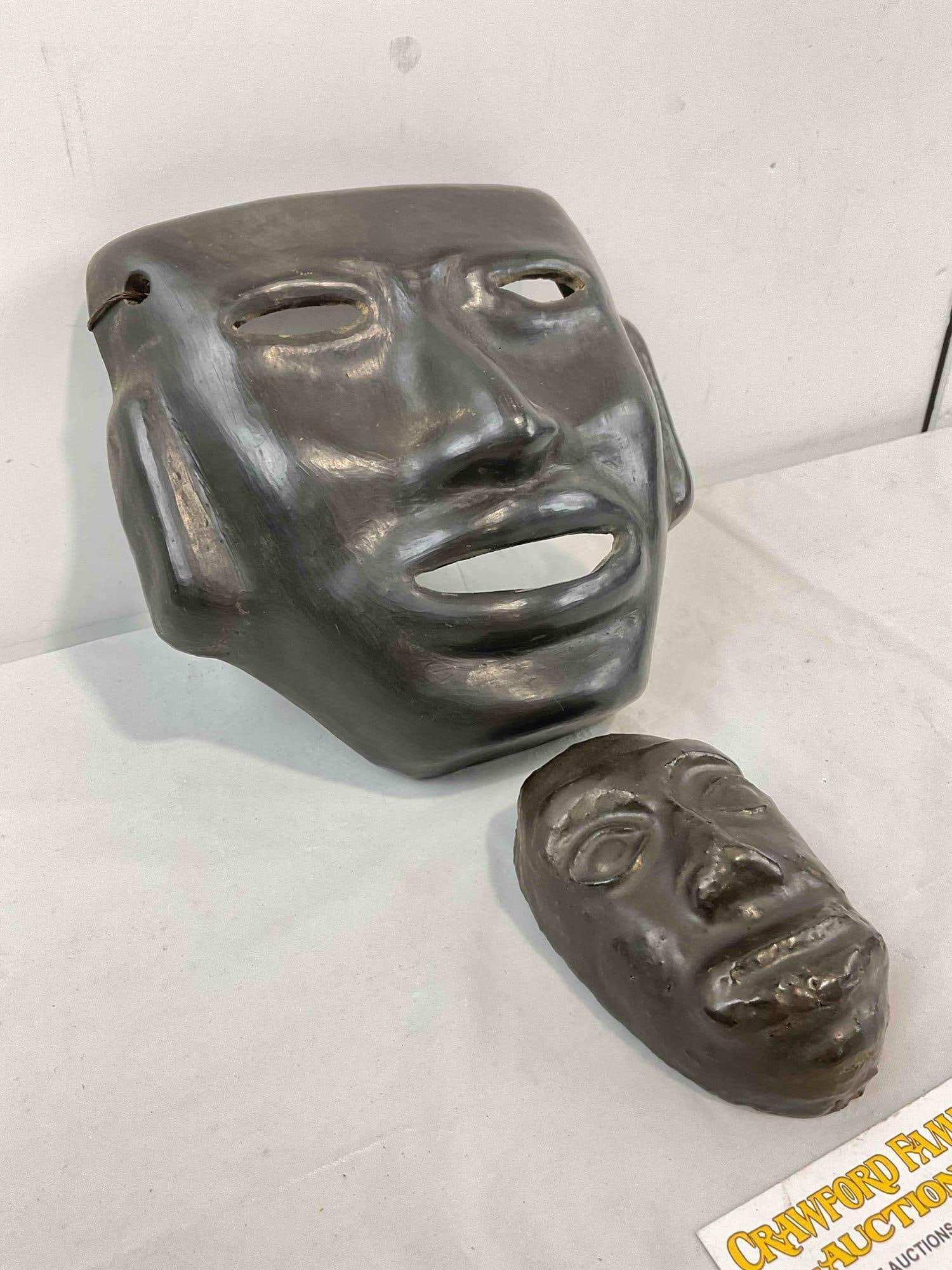 Vintage Made in Mexico Black Painted Pottery Terra Cotta? Smiling Face Masks. Very Good Cond. - 2