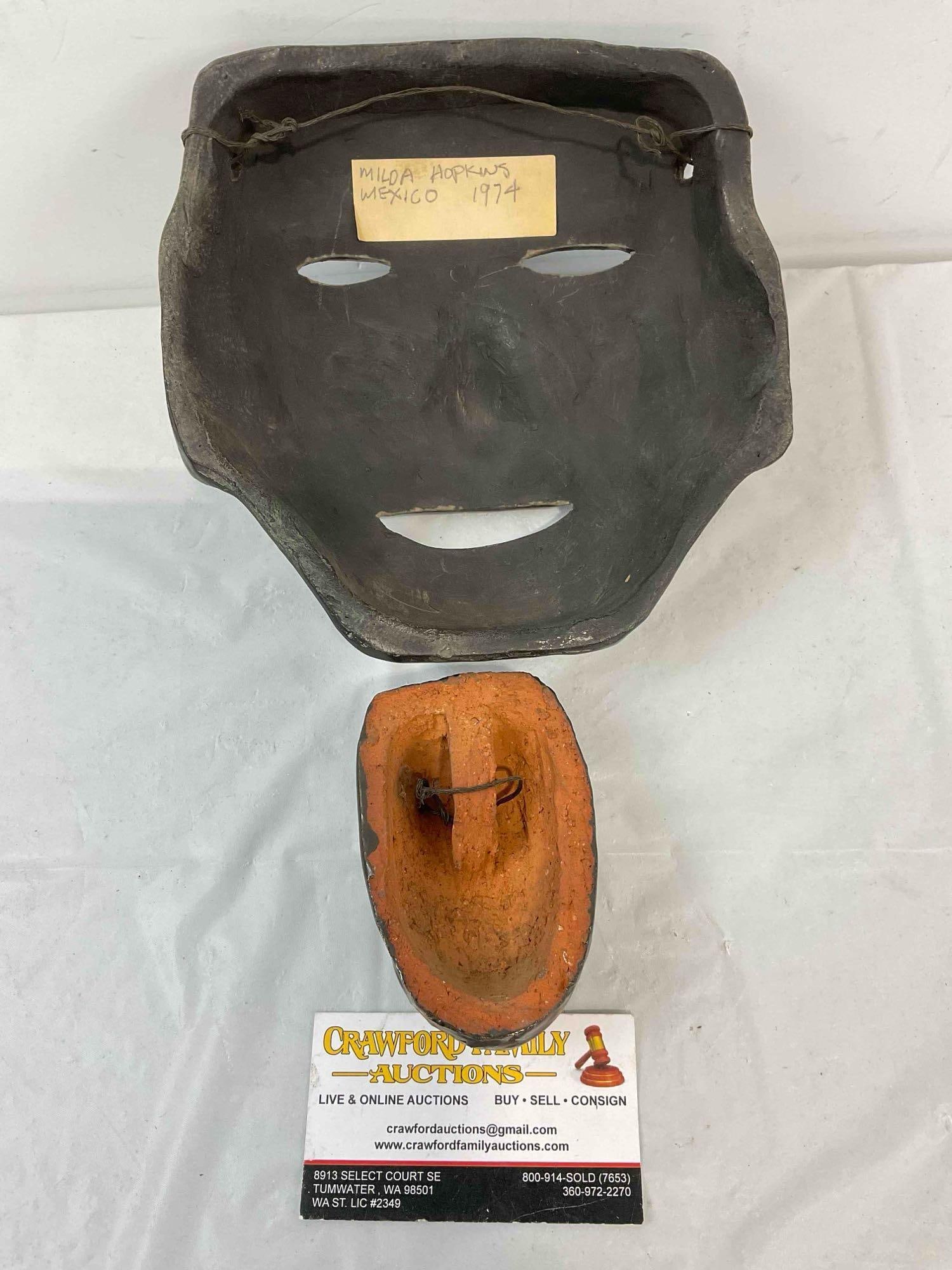 Vintage Made in Mexico Black Painted Pottery Terra Cotta? Smiling Face Masks. Very Good Cond. - 4