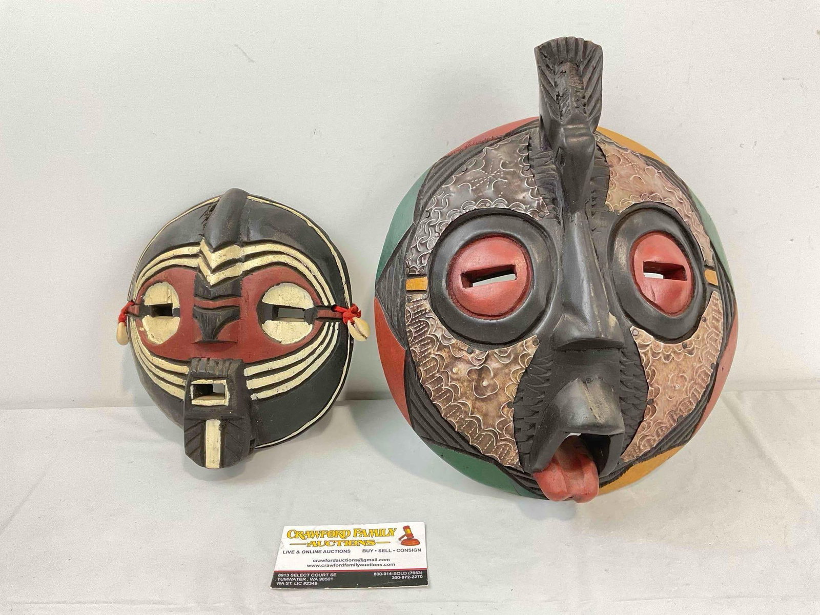 2 pcs Made in Ghana Painted Dark Wood Masks w/ Metal & Cowry Shell Accents. Very Good Cond. (1 of 7)