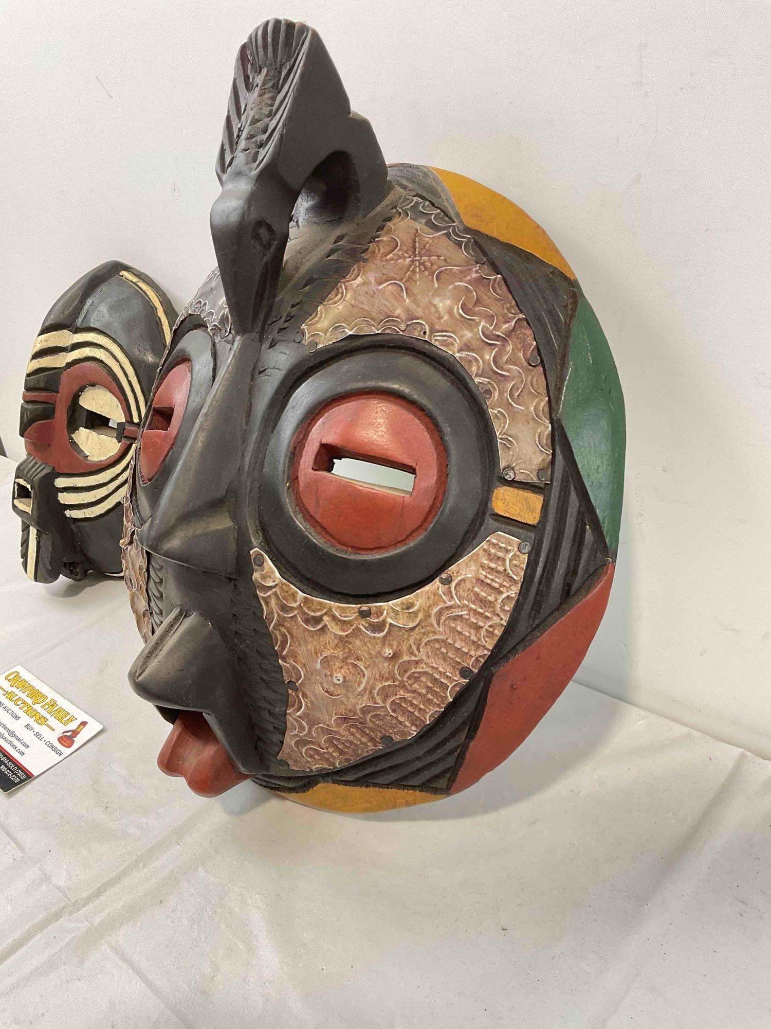 2 pcs Made in Ghana Painted Dark Wood Masks w/ Metal & Cowry Shell Accents. Very Good Cond. - 2