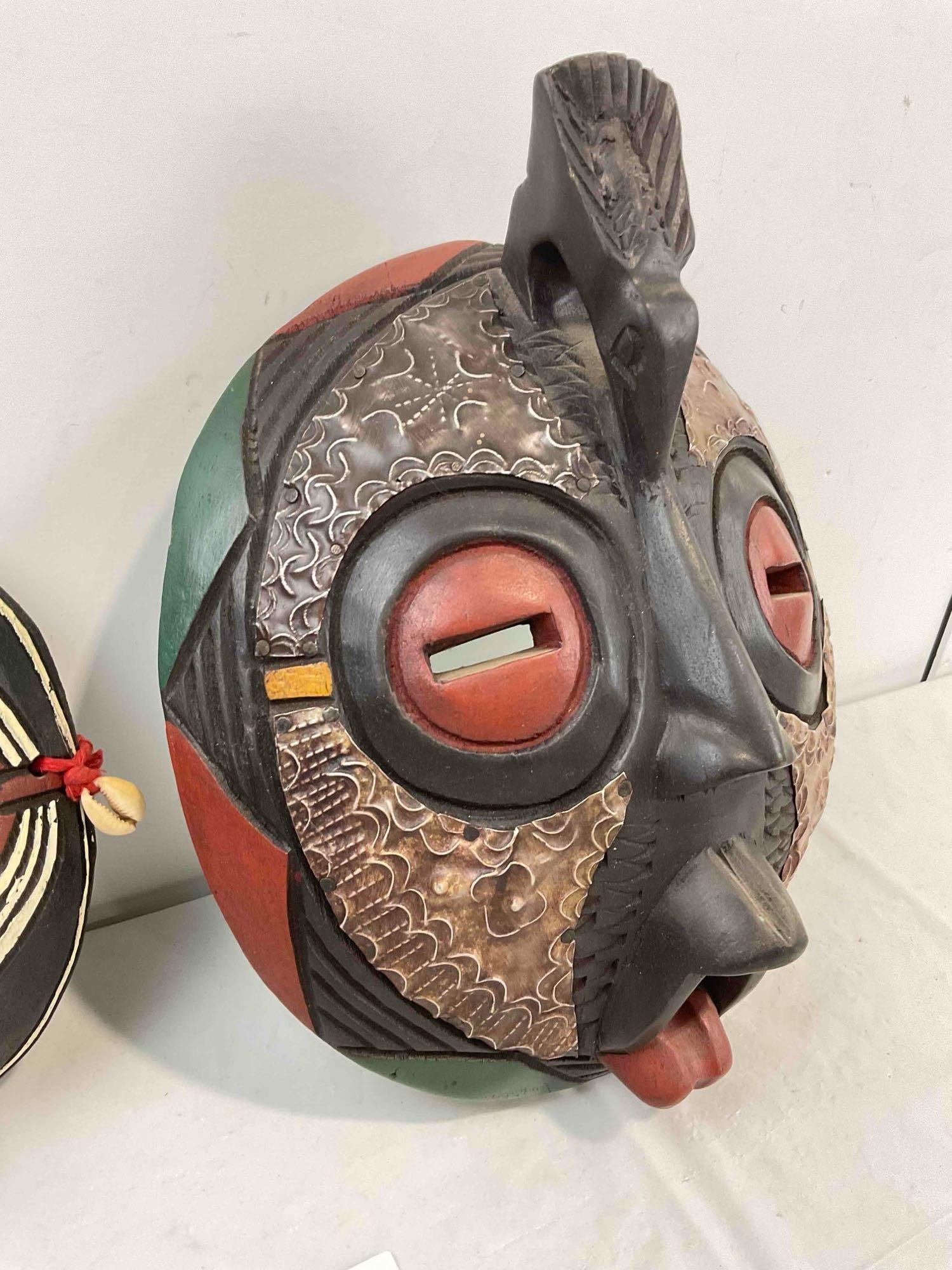 2 pcs Made in Ghana Painted Dark Wood Masks w/ Metal & Cowry Shell Accents. Very Good Cond. - 3